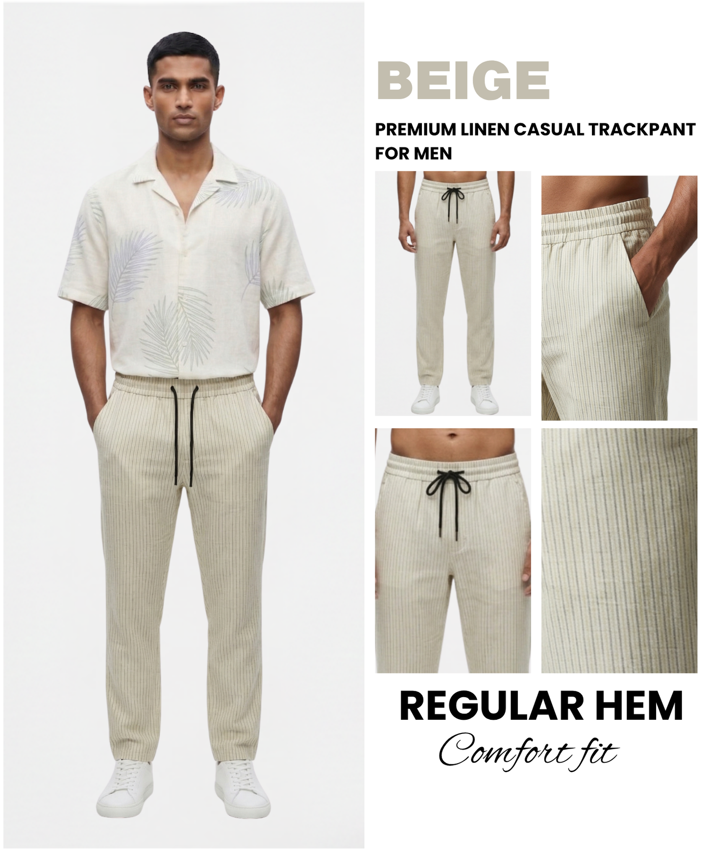 Men’s Comfort Fit Linen Pants – Striped Design | 1 Side Zipper Pocket & 1 Side Open Cross Pocket