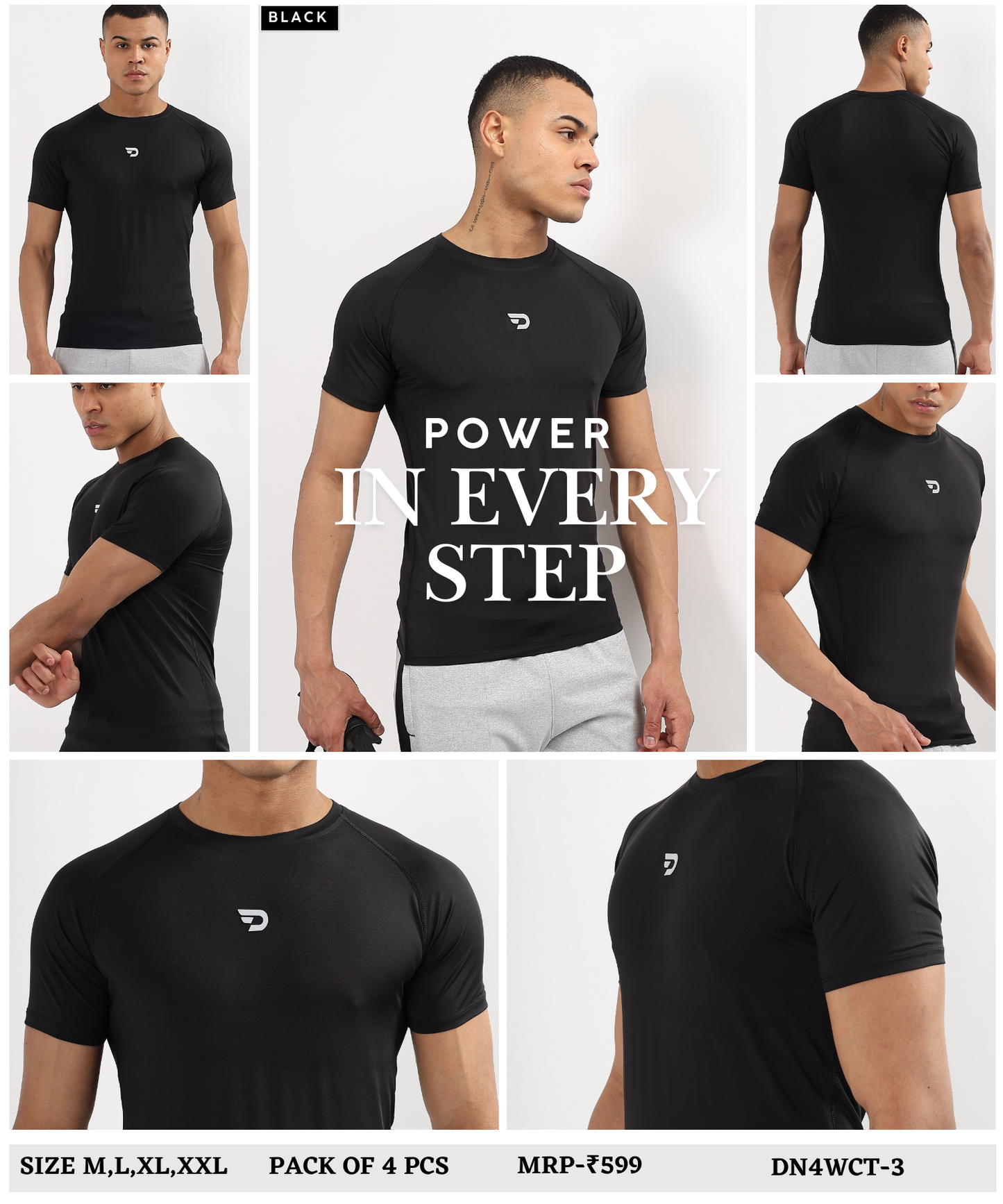 ActiveWear – Imported 4-Way Taiwan Lycra | Compression T-Shirt | 180 GSM | Raglan Sleeves | Round Neck | 6 Thread Stitching | 3D Logo | T-Shirt