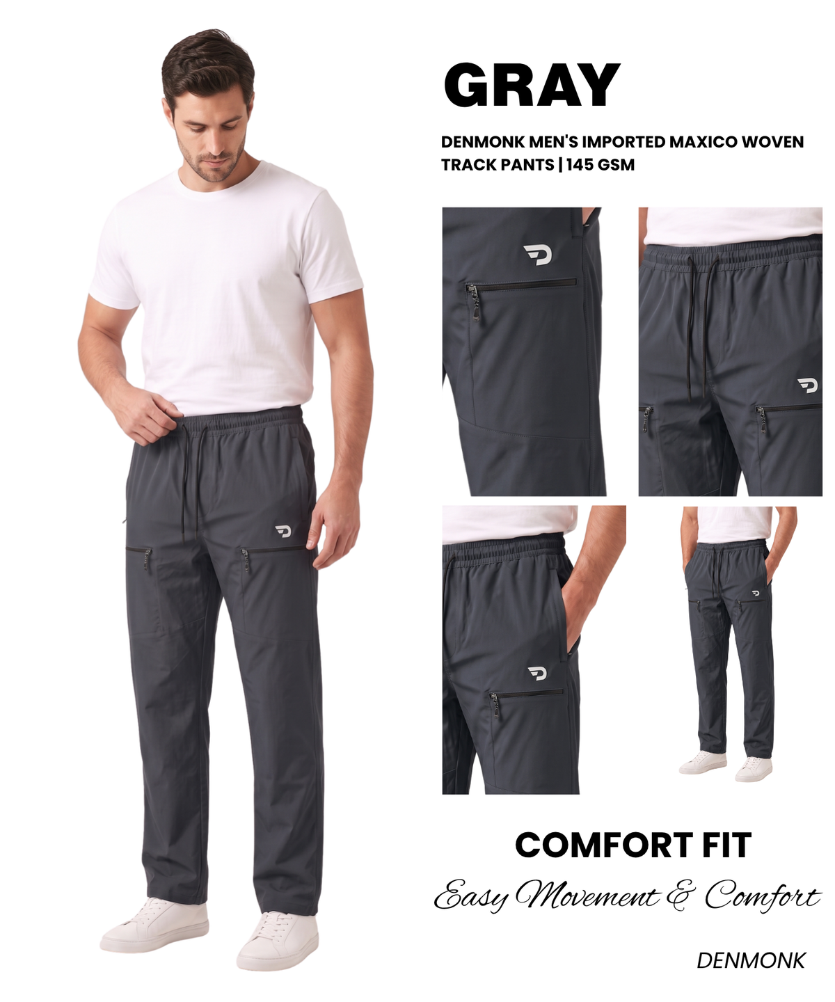 Denmonk Men's Imported Maxico Woven Lightweight Track Pants | 145 GSM | Comfort Fit | Front Zipper Pockets