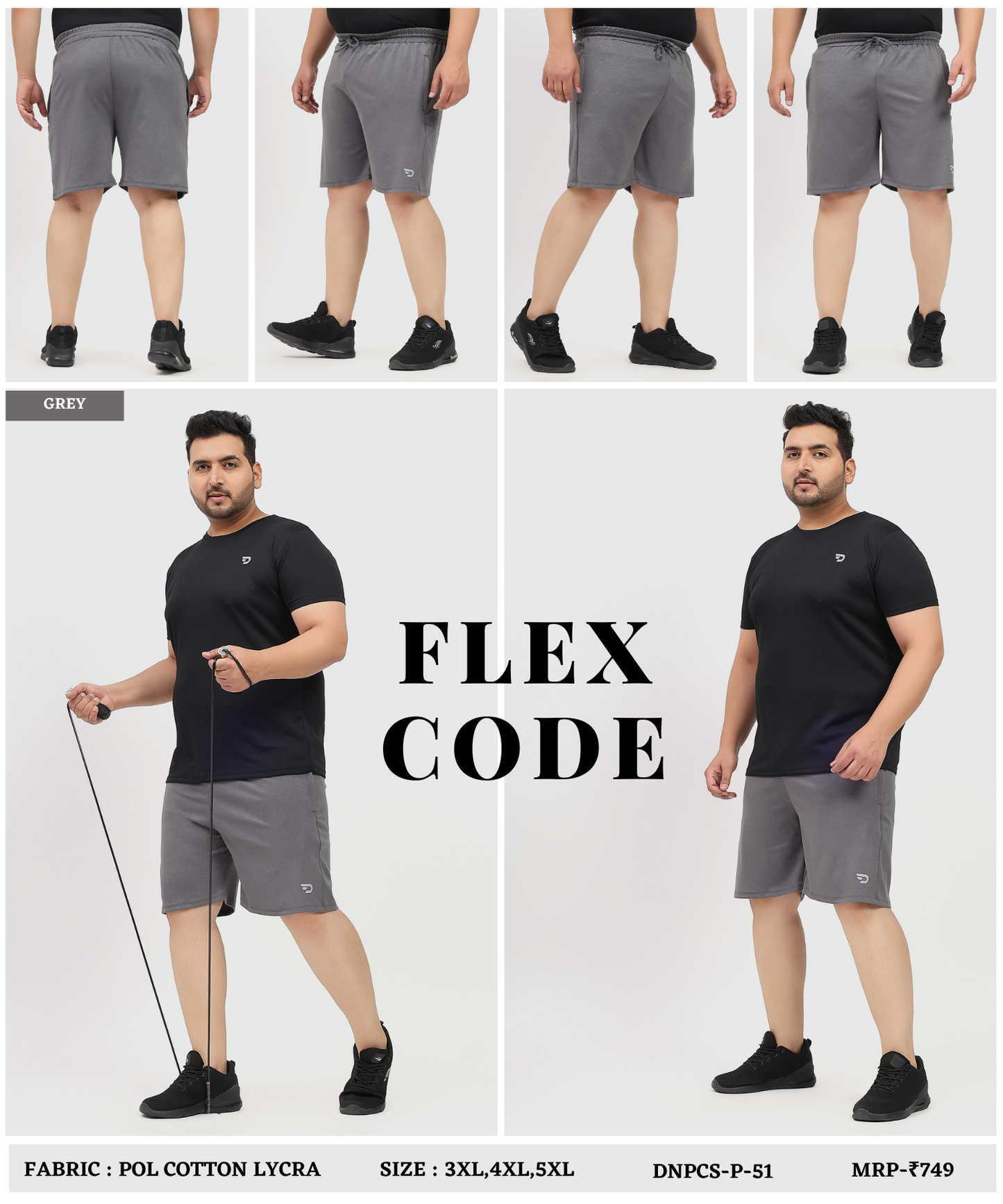 FlexZip Essential Shorts- Imported Poly Cotton Lycra Plus Size Shorts (GSM 250)