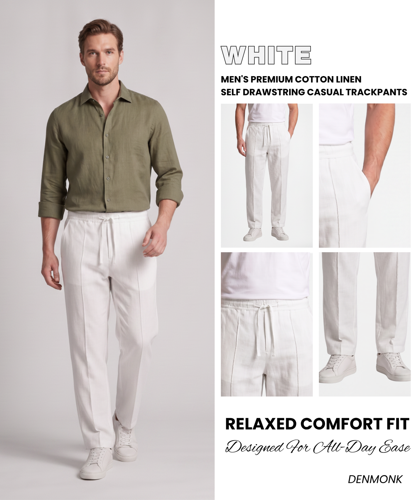Men's Premium Cotton Linen Self Drawstring Casual Trackpants – Comfort Fit with Tailored Pin tuckCrease