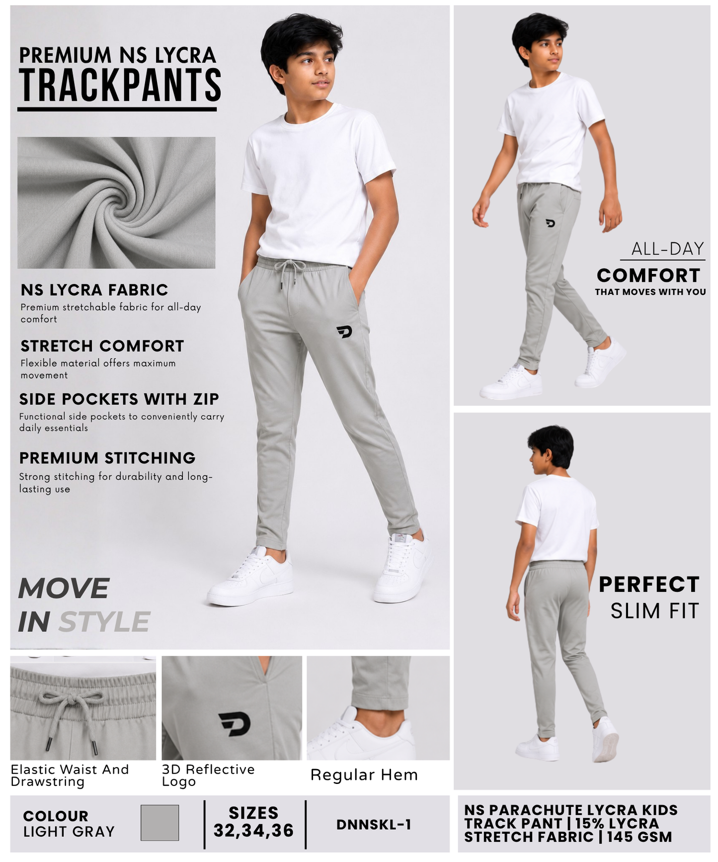 Imported NS Parachute Lycra Track Pant for Kids |15% Lycra 145 GSM| Slim Fit