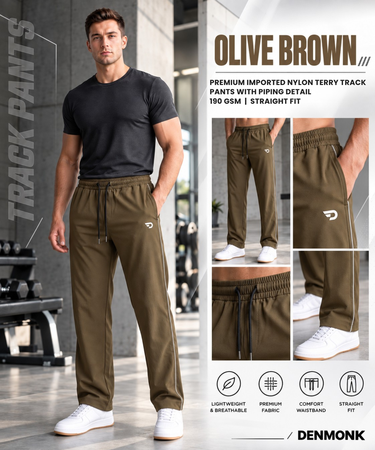 Premium Imported Nylon Terry Casual Track Pants With Piping Detail | 190 GSM | Straight Fit