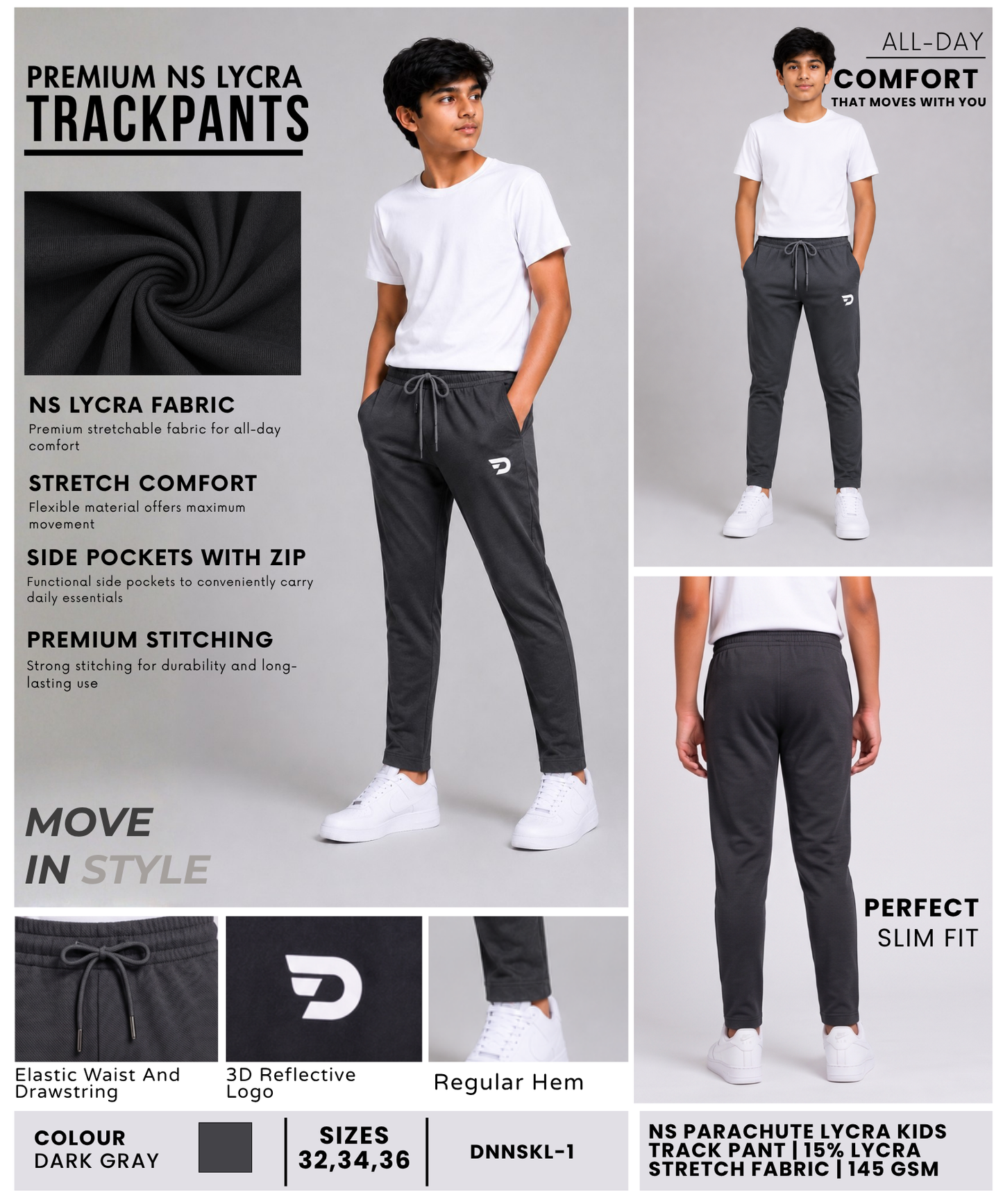 Imported NS Parachute Lycra Track Pant for Kids |15% Lycra 145 GSM| Slim Fit