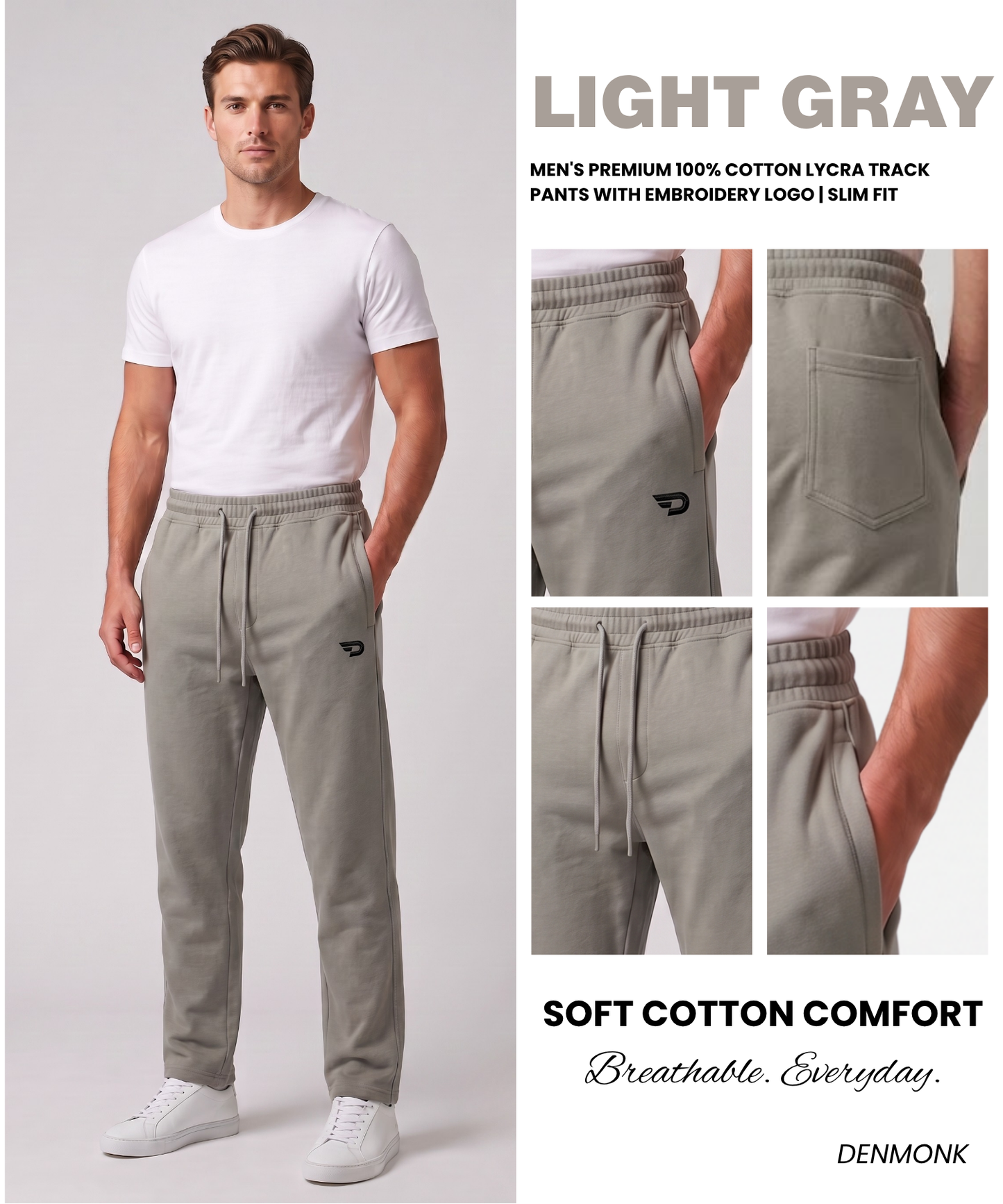 Men's Premium 100% Cotton Lycra Track Pants with Embroidery Logo | GSM 250 | Slim Fit