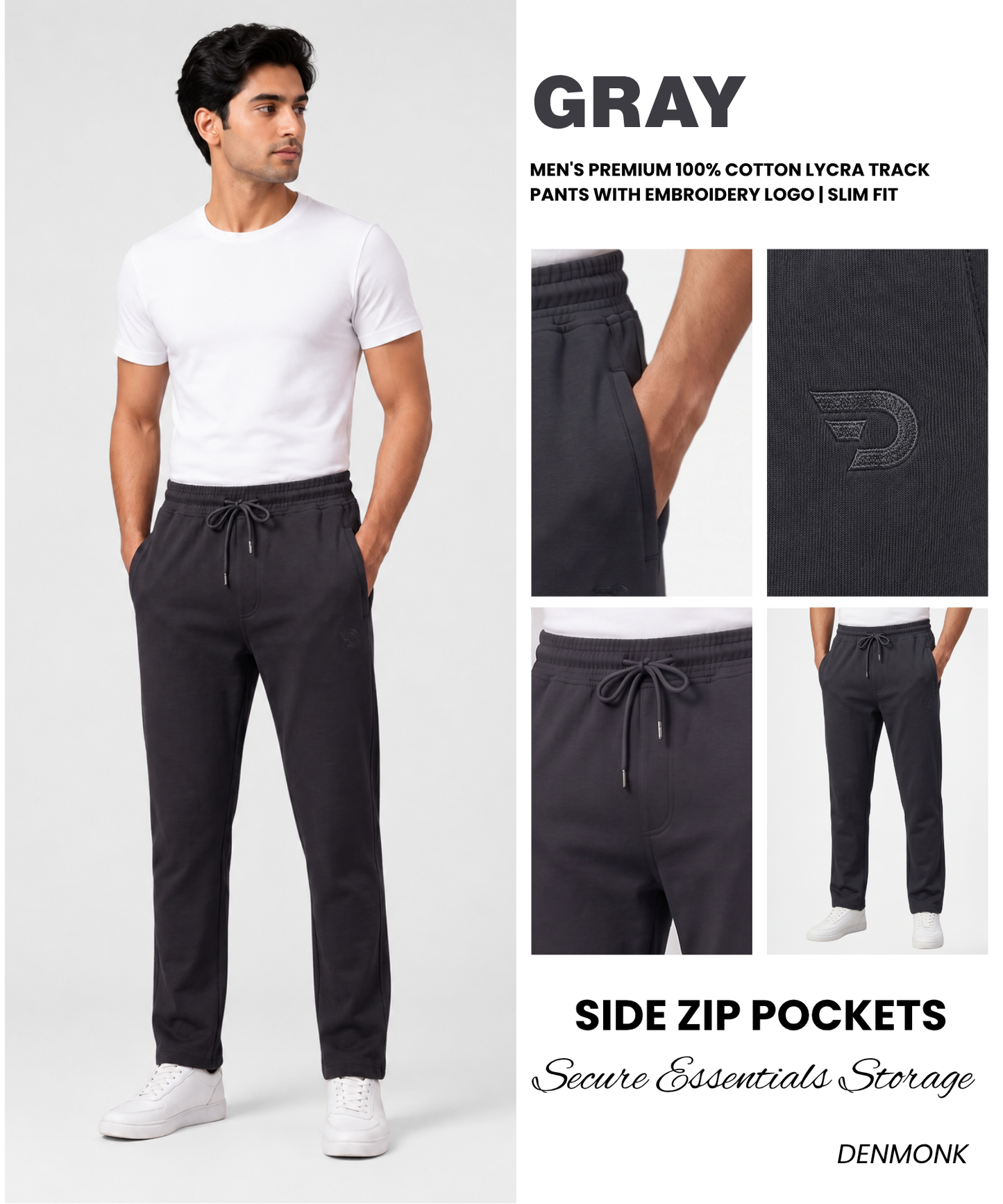 Men's Premium 100% Cotton Lycra Track Pants with Embroidery Logo | Slim Fit