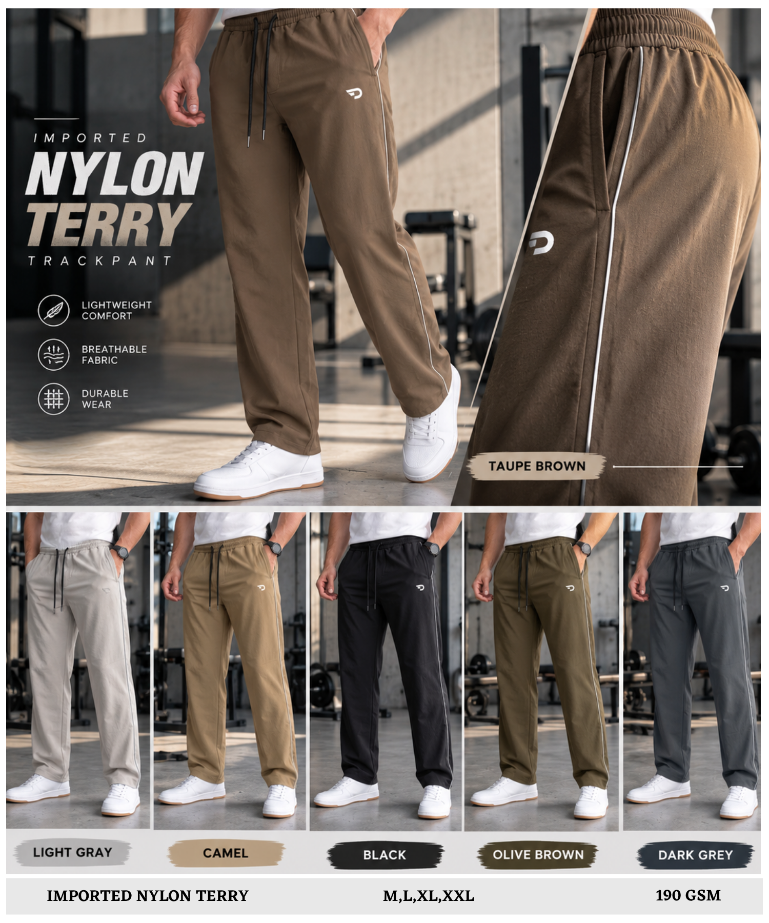 Premium Imported Nylon Terry Casual Track Pants With Piping Detail