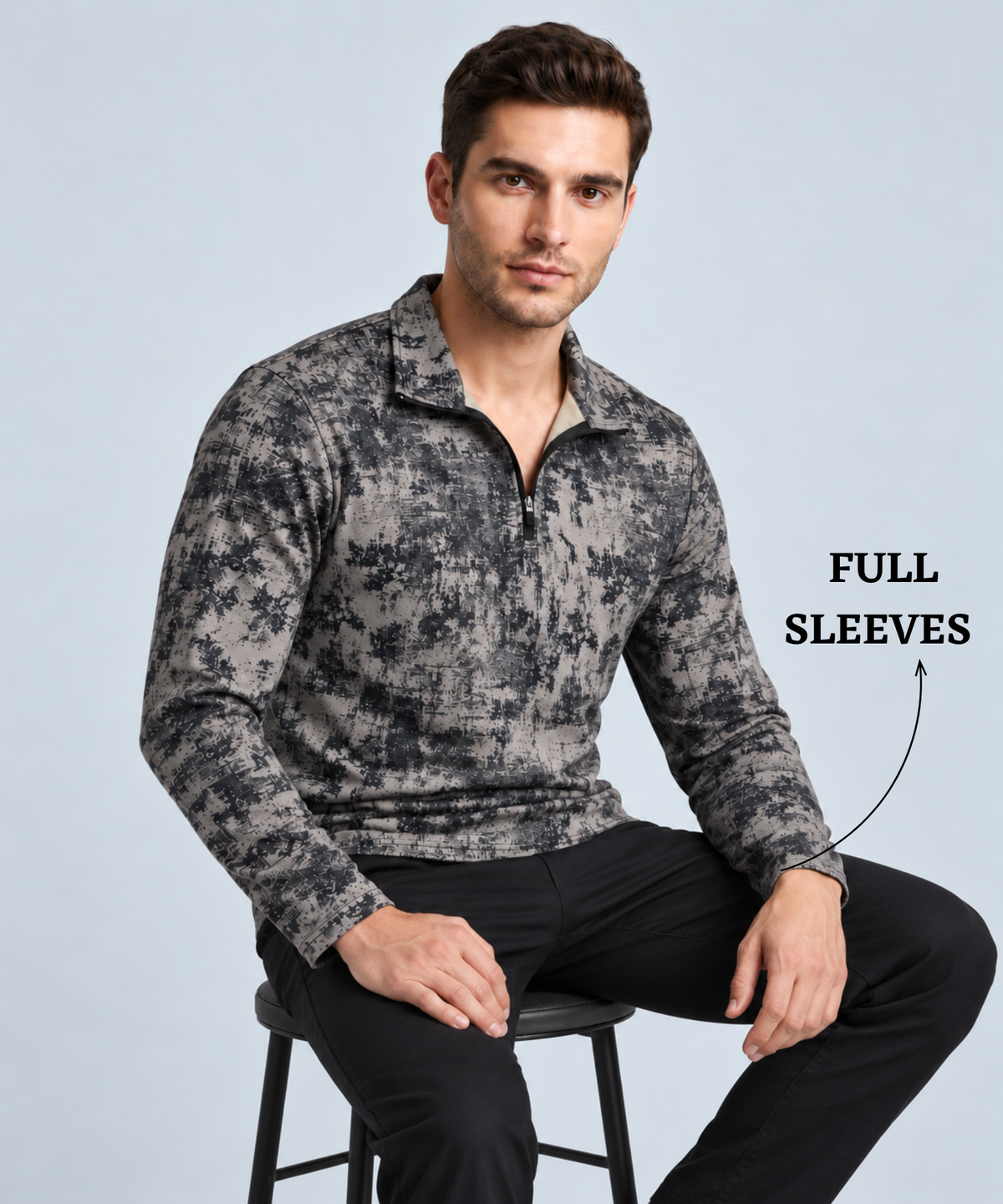 Denmonk Men's Imported Turkey Lycra Cotton Feel Printed Full Sleeve T-Shirt with Half-Zip Collar | 180 GSM | Regular Fit