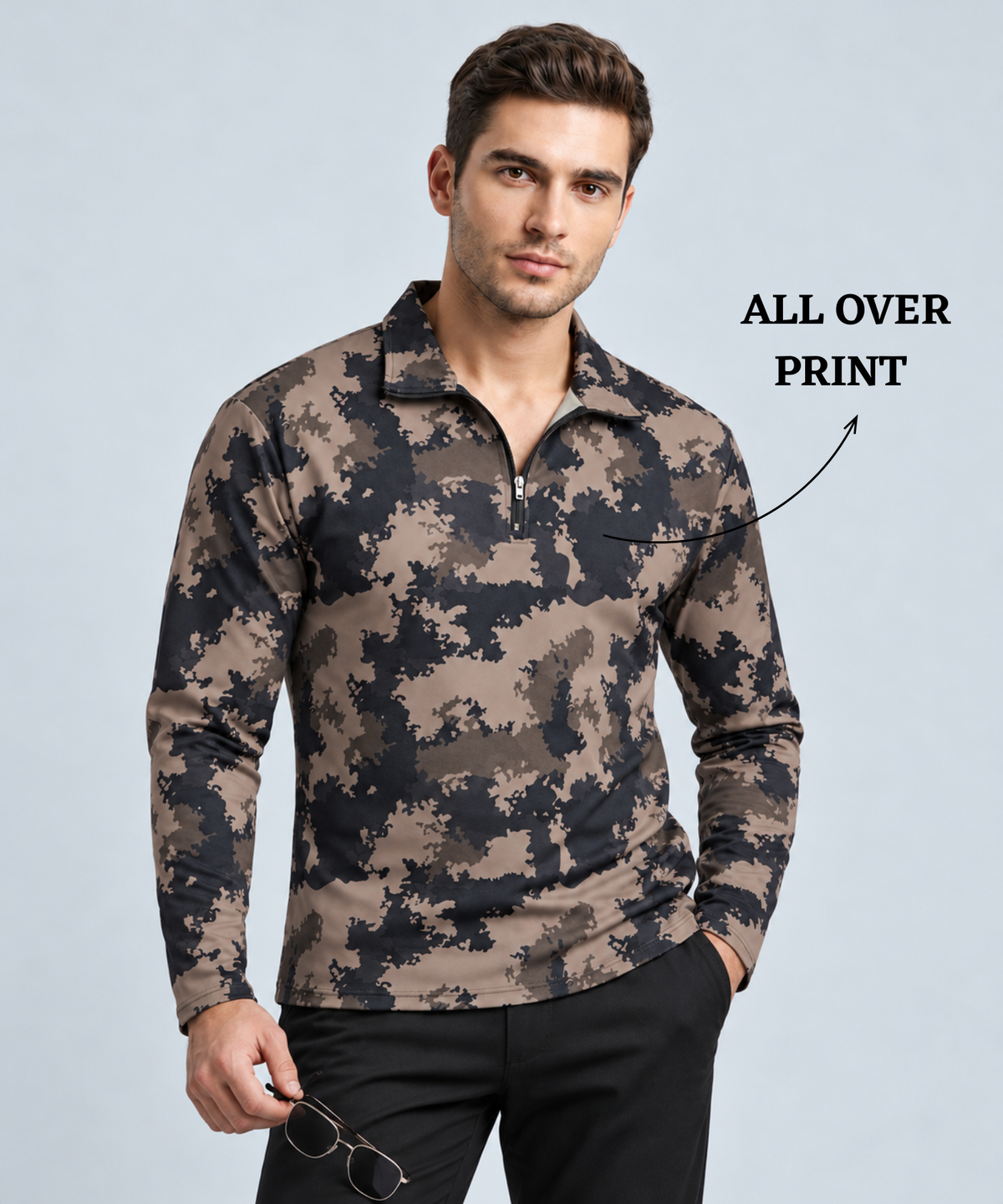Denmonk Men's Imported Turkey Lycra Cotton Feel Printed Full Sleeve T-Shirt with Half-Zip Collar | 180 GSM | Regular Fit