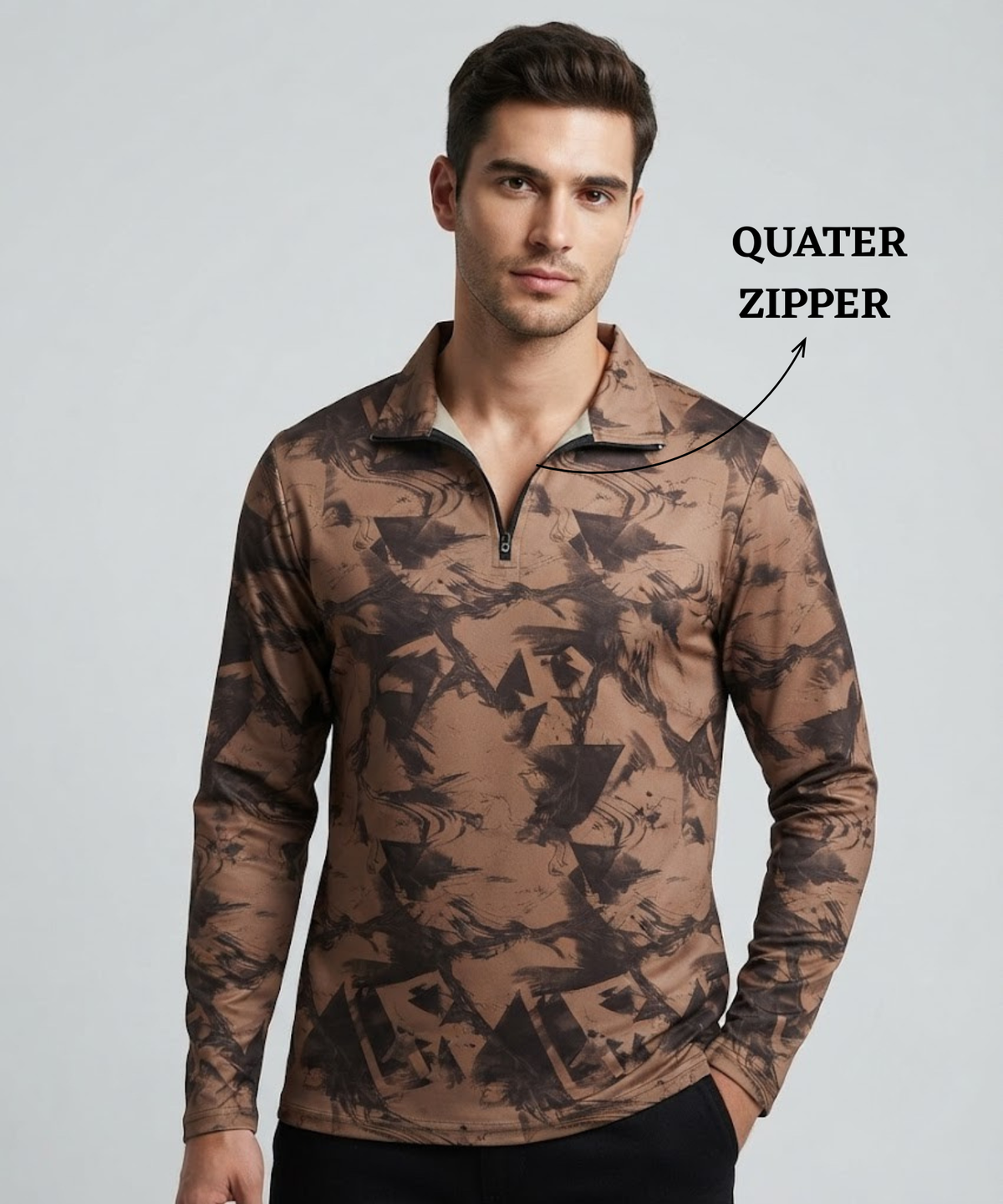 Denmonk Men's Imported Turkey Lycra Cotton Feel Printed Full Sleeve T-Shirt with Half-Zip Collar | 180 GSM | Regular Fit