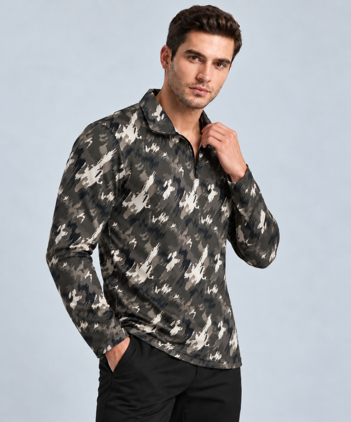 Denmonk Men's Imported Turkey Lycra Cotton Feel Printed Full Sleeve T-Shirt with Half-Zip Collar | 180 GSM | Regular Fit