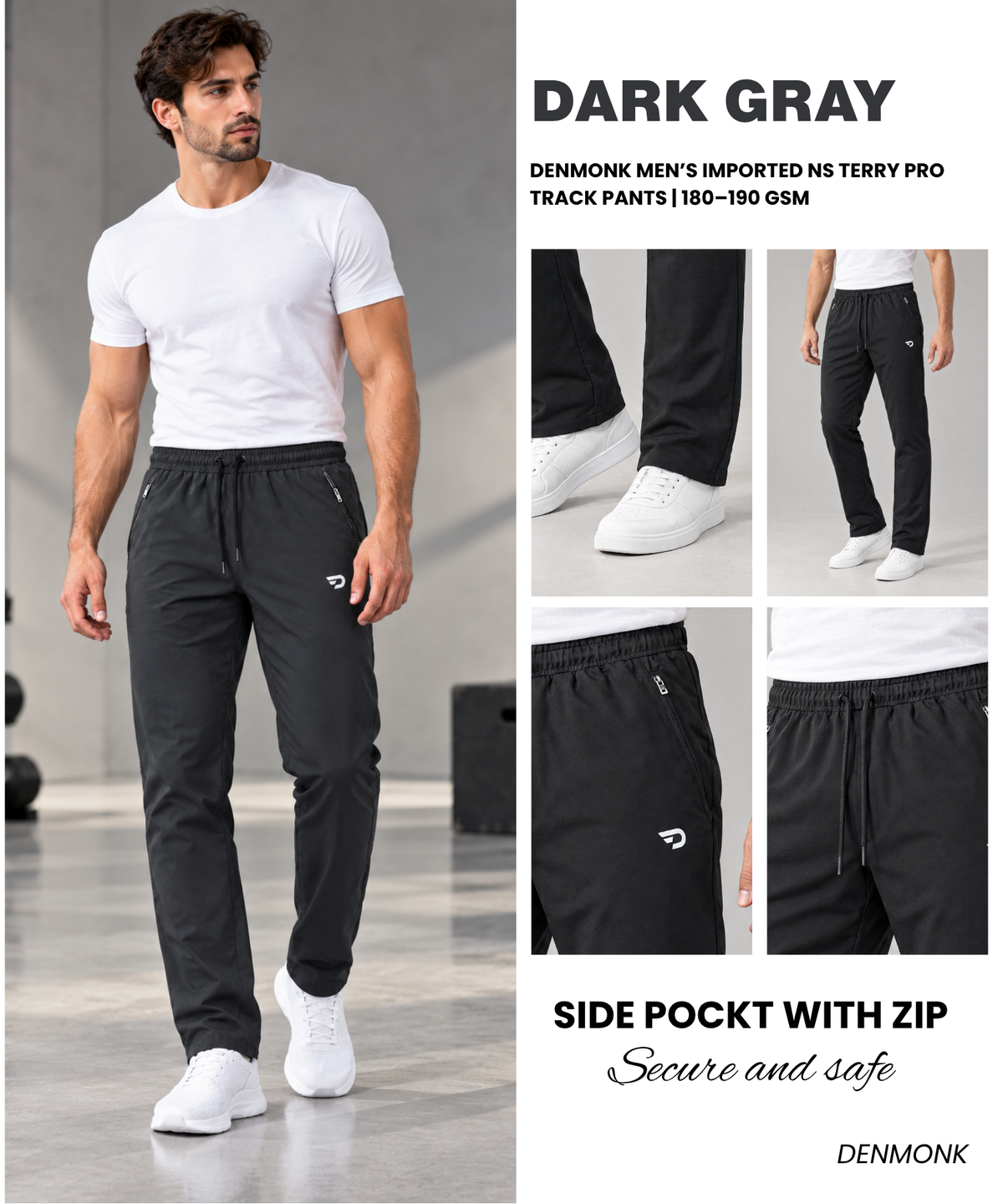 Denmonk Men’s Imported NS Terry Pro Lycra Track Pants | 180–190 GSM | Slim Fit