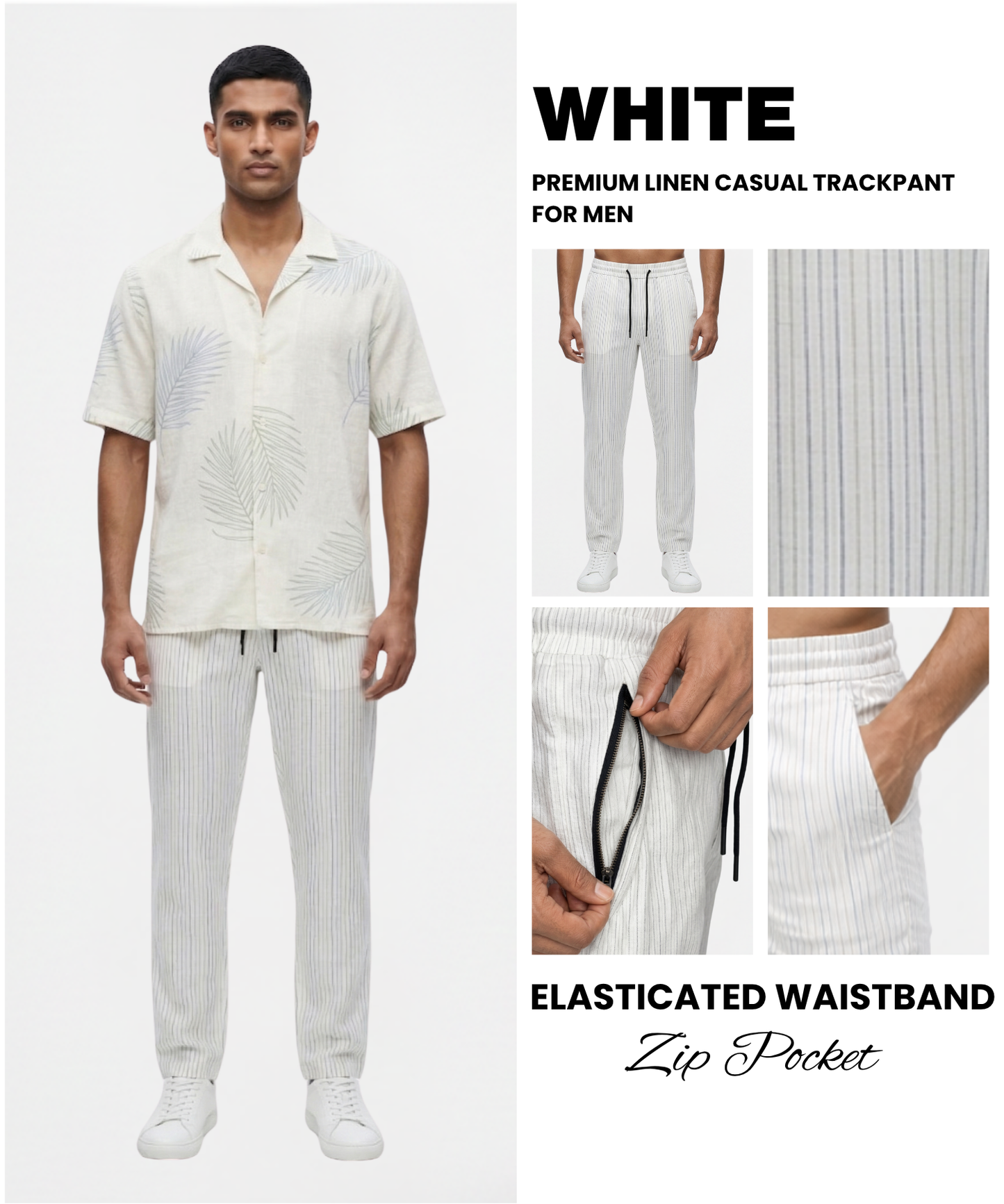 Men’s Comfort Fit Linen Pants – Striped Design | 1 Side Zipper Pocket & 1 Side Open Cross Pocket