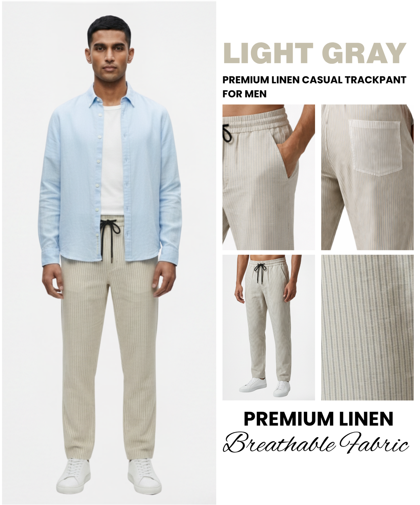 Men’s Comfort Fit Linen Pants – Striped Design | 1 Side Zipper Pocket & 1 Side Open Cross Pocket