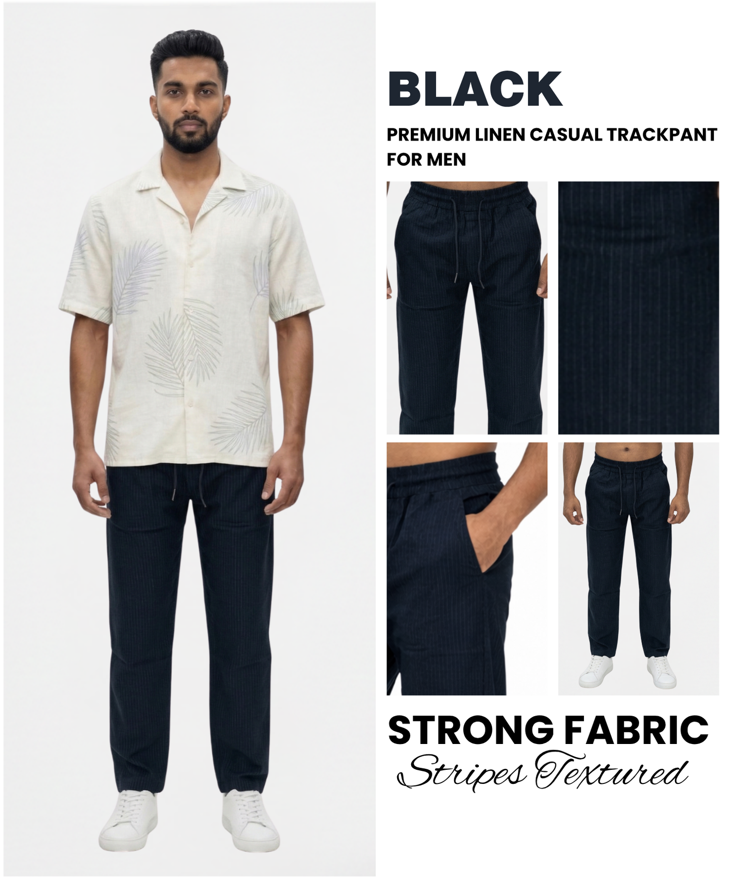Men’s Comfort Fit Linen Pants – Striped Design | 1 Side Zipper Pocket & 1 Side Open Cross Pocket