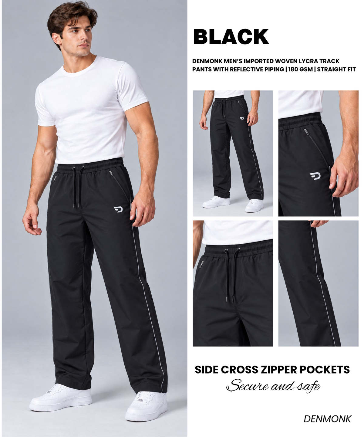Denmonk Men’s Imported Woven Lycra Track Pants With Reflective Piping | 180 GSM | Straight Fit