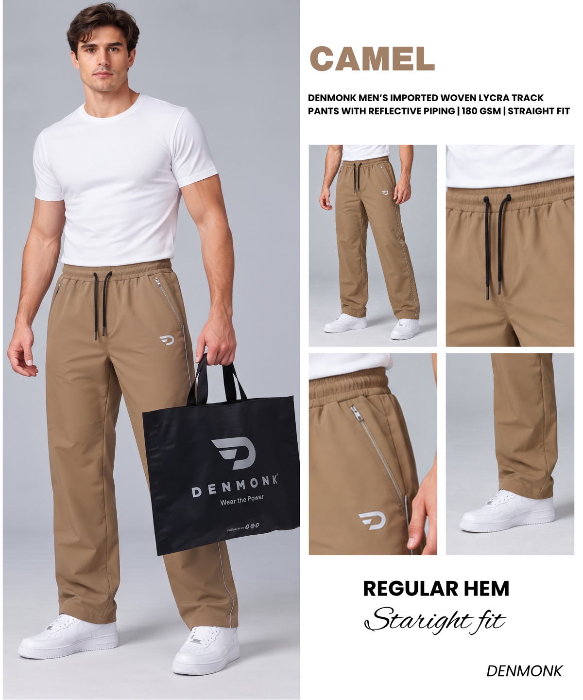 Denmonk Men’s Imported Woven Lycra Track Pants With Reflective Piping | 180 GSM | Straight Fit