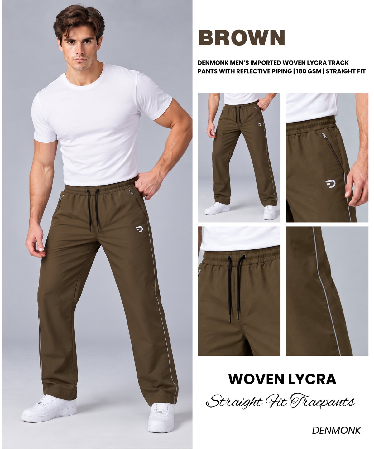 Denmonk Men’s Imported Woven Lycra Track Pants With Reflective Piping | 180 GSM | Straight Fit