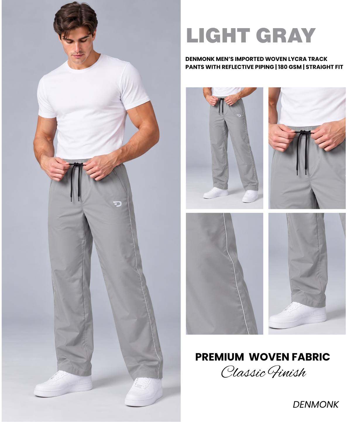 Denmonk Men’s Imported Woven Lycra Track Pants With Reflective Piping | 180 GSM | Straight Fit