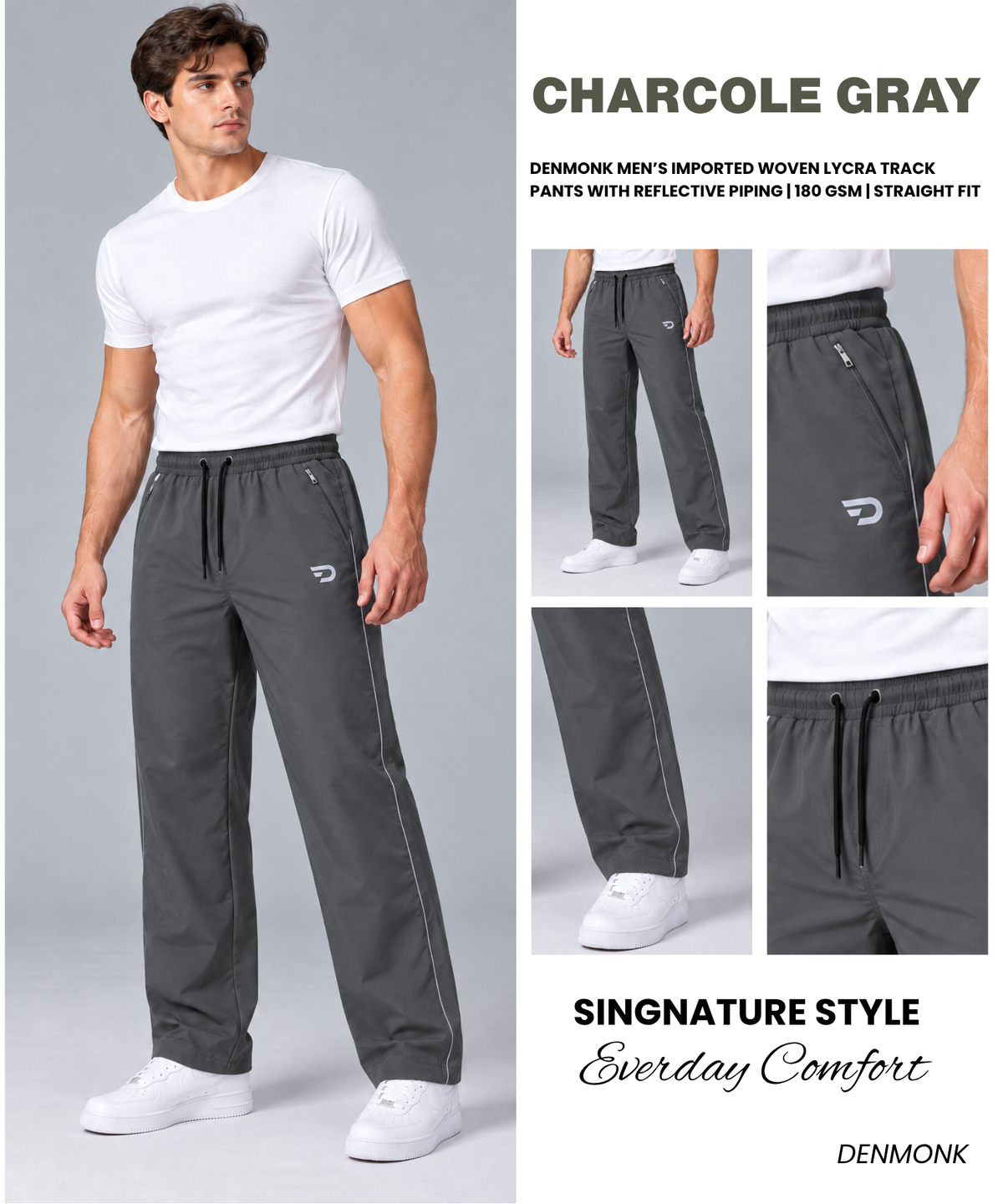 Denmonk Men’s Imported Woven Lycra Track Pants With Reflective Piping | 180 GSM | Straight Fit
