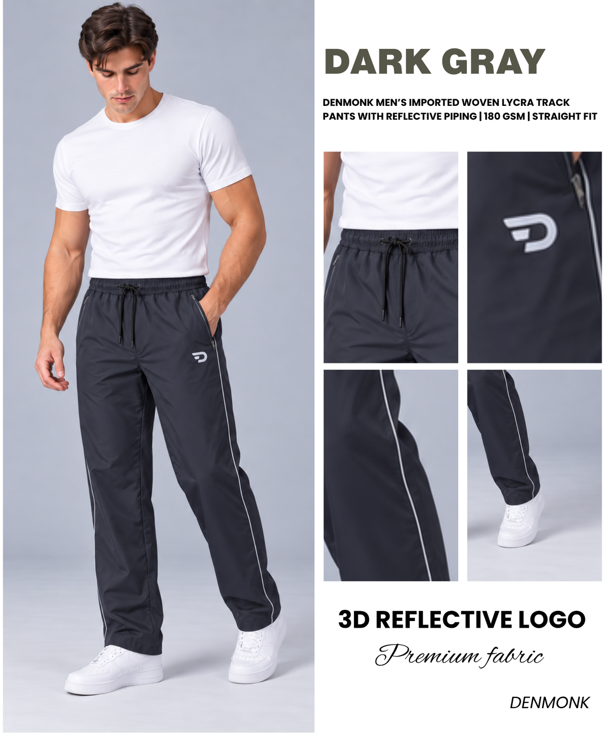 Denmonk Men’s Imported Woven Lycra Track Pants With Reflective Piping | 180 GSM | Straight Fit