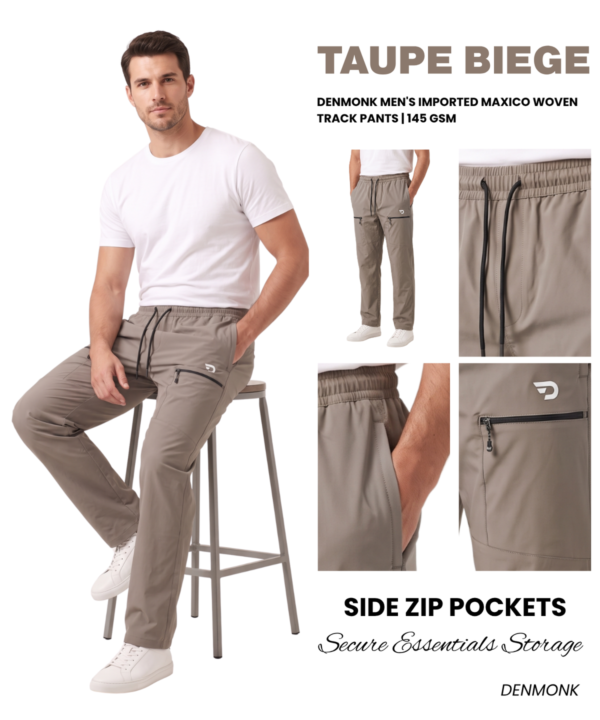 Denmonk Men's Imported Maxico Woven Lightweight Track Pants | 145 GSM | Comfort Fit | Front Zipper Pockets