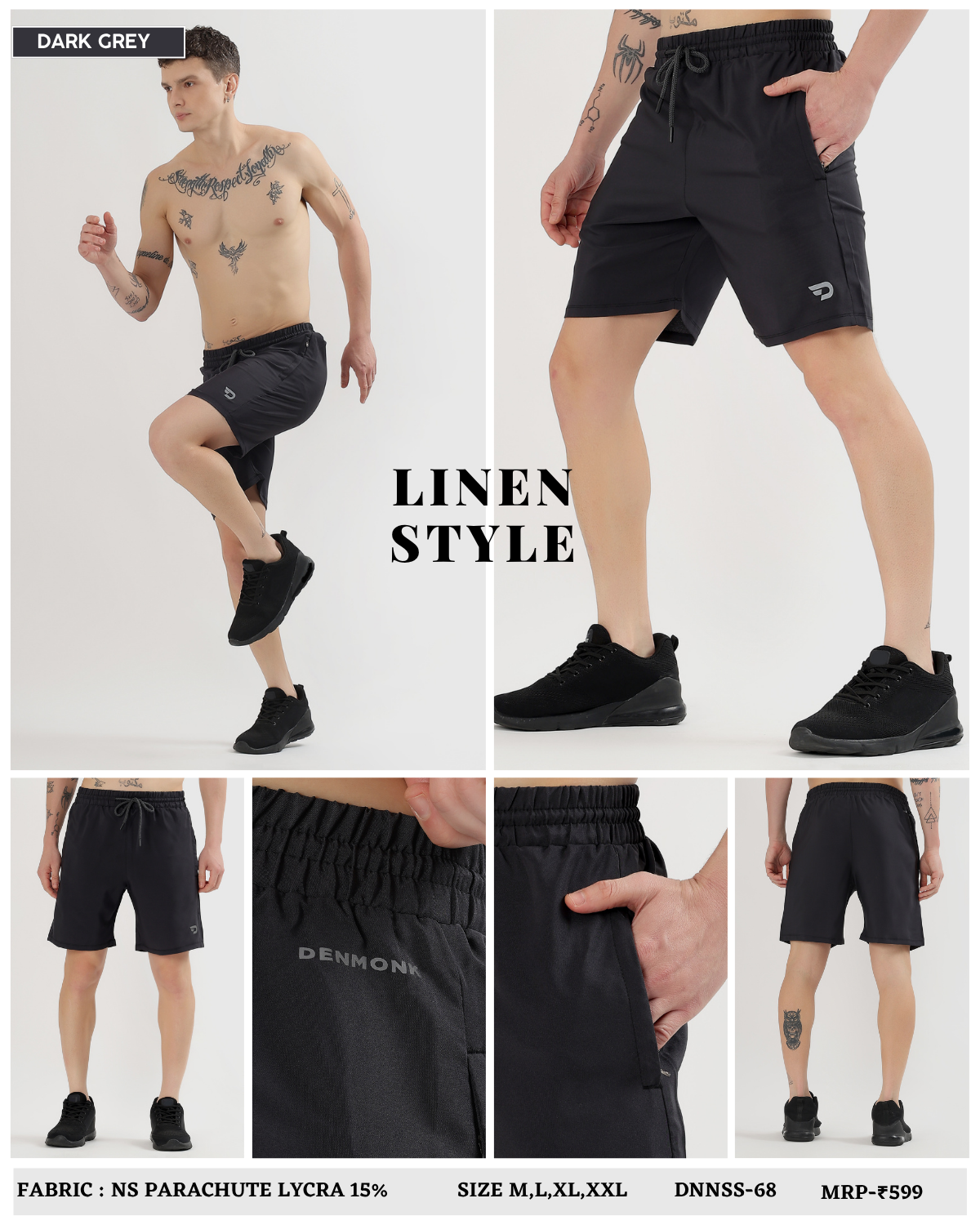 Men’s Solid Active Shorts - Imported Ns Parachute Lycra (15% Lycra 130 GSM)