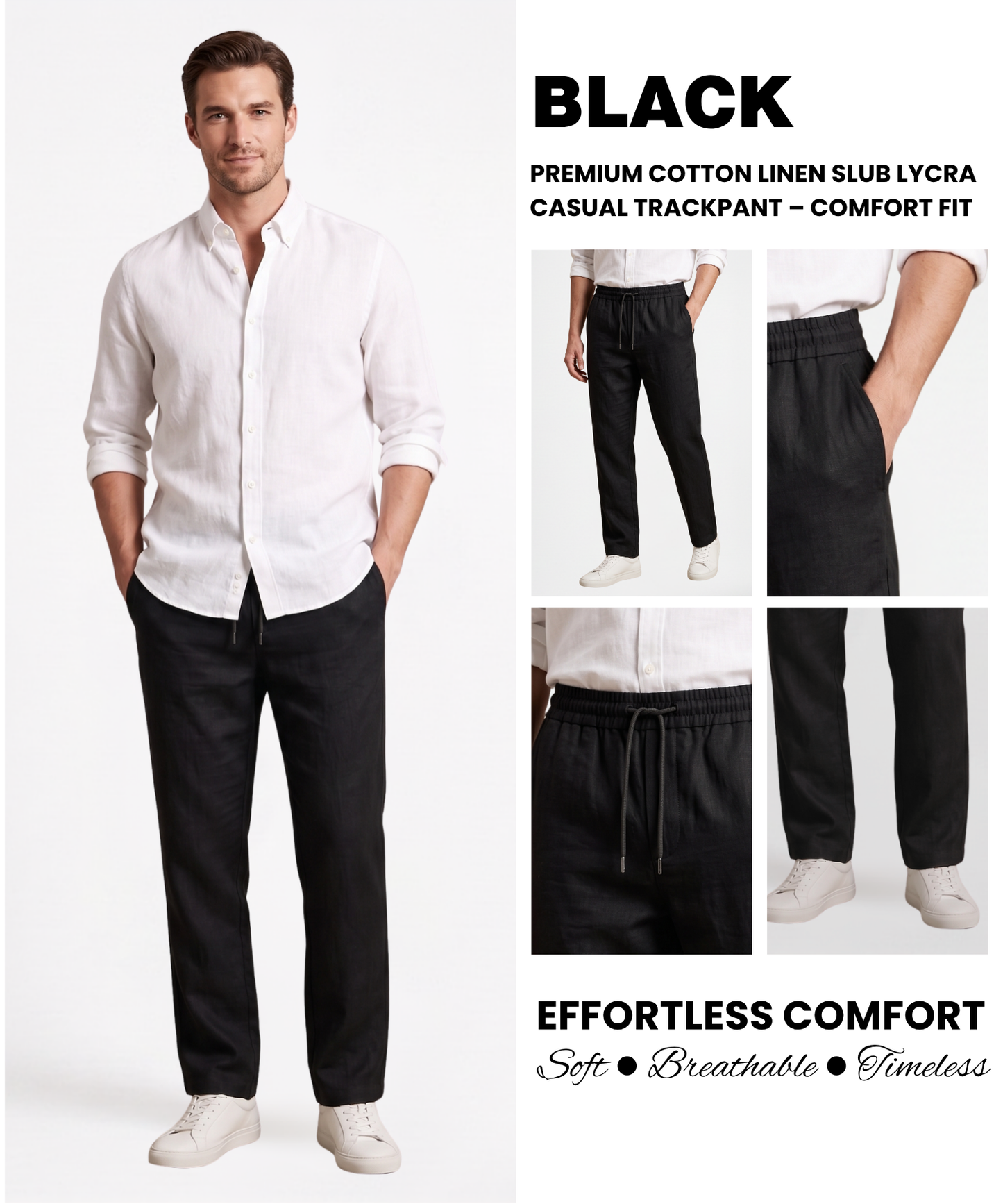 Premium Cotton Linen Slub Lycra Casual Trackpant – Comfort Fit | 1 Side Zipper Pocket & 1 Side Open Cross Pocket