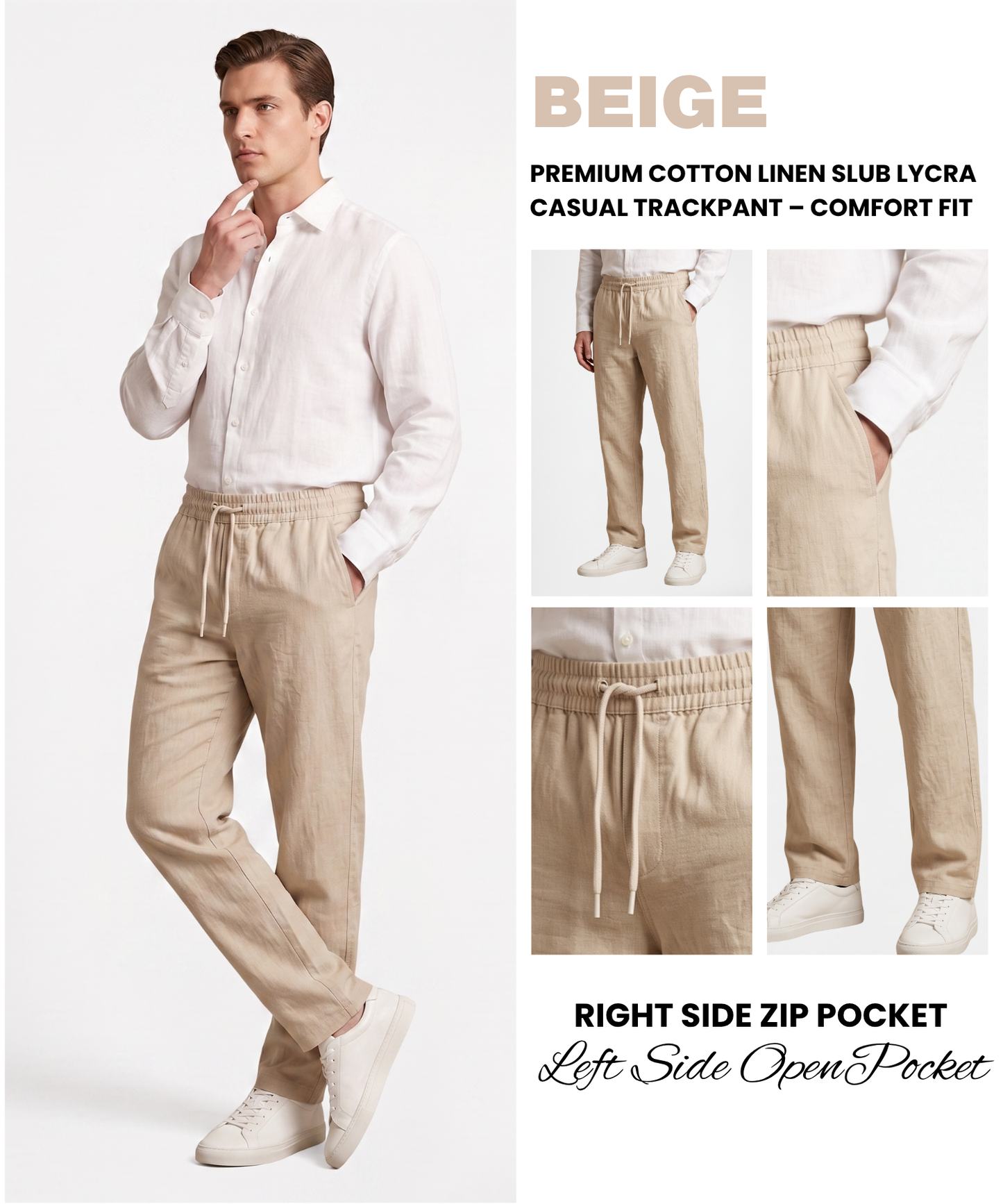 Premium Cotton Linen Slub Lycra Casual Trackpant – Comfort Fit | 1 Side Zipper Pocket & 1 Side Open Cross Pocket