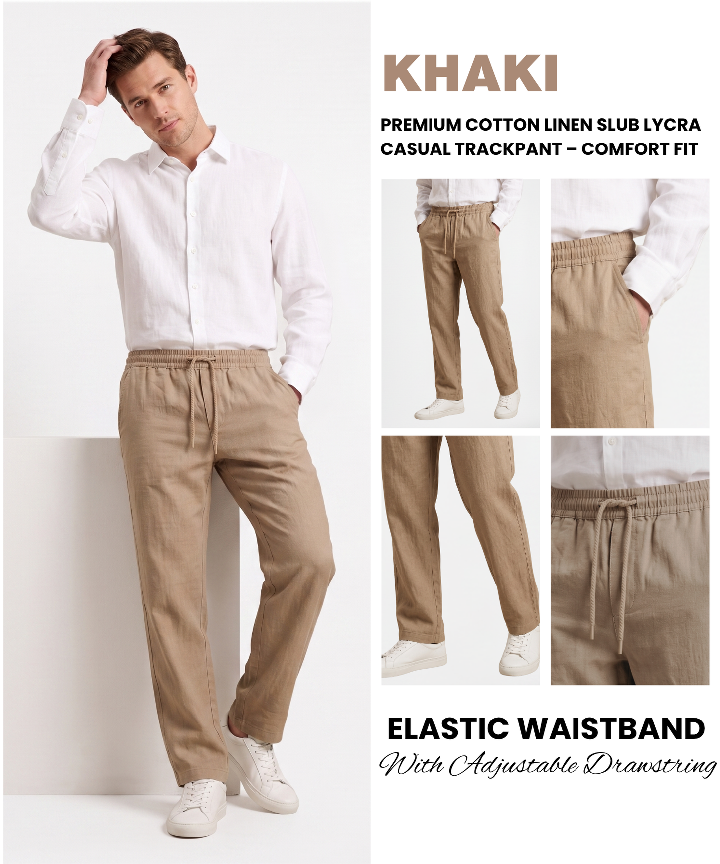 Premium Cotton Linen Slub Lycra Casual Trackpant – Comfort Fit | 1 Side Zipper Pocket & 1 Side Open Cross Pocket