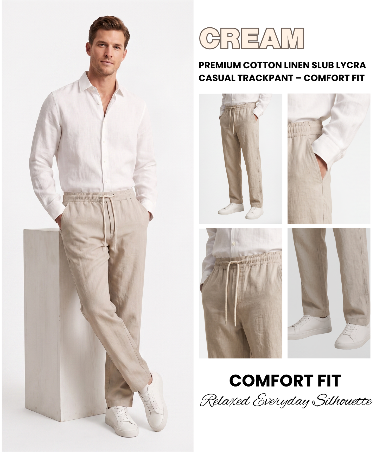 Premium Cotton Linen Slub Lycra Casual Trackpant – Comfort Fit | 1 Side Zipper Pocket & 1 Side Open Cross Pocket