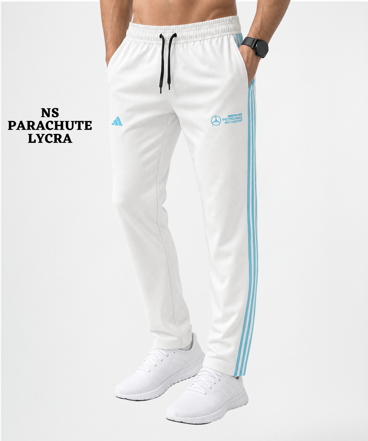 Imported Ns Parachute Lycra TrackPant (30% Lycra 200 GSM)| 3 Strip Design|Dual Embroidery Logo