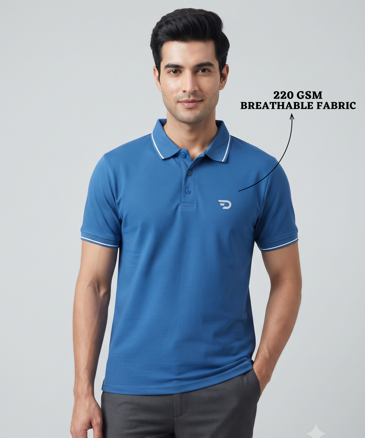 Denmonk Men’s Premium Cotton Matty Lycra Polo T-Shirt with Contrast Tipping & 3D Reflective Logo | 220 GSM | Regular Fit