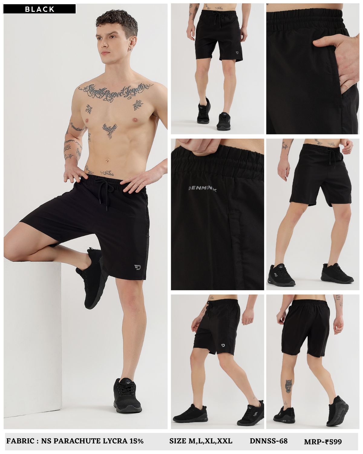 Men’s Solid Active Shorts - Imported Ns Parachute Lycra (15% Lycra 130 GSM)