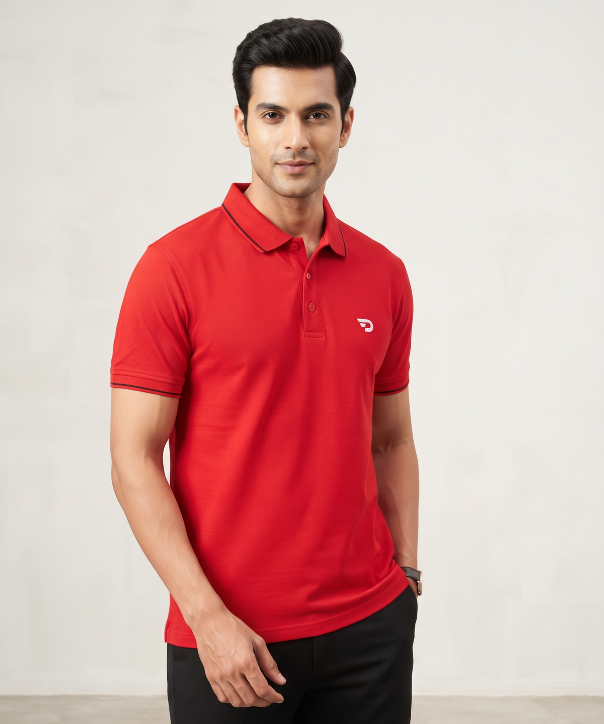 Denmonk Men’s Premium Cotton Matty Lycra Polo T-Shirt with Contrast Tipping & 3D Reflective Logo | 220 GSM | Regular Fit