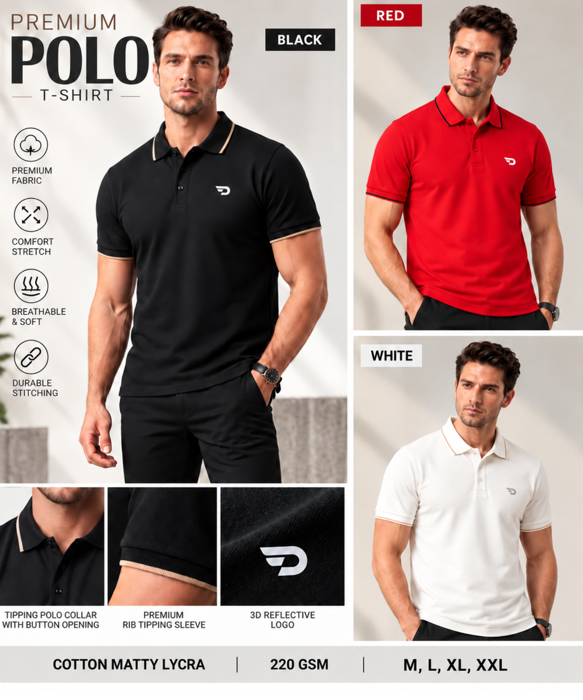 Denmonk Men’s Premium Cotton Matty Lycra Polo T-Shirt with Contrast Tipping  | 220 GSM | Regular Fit
