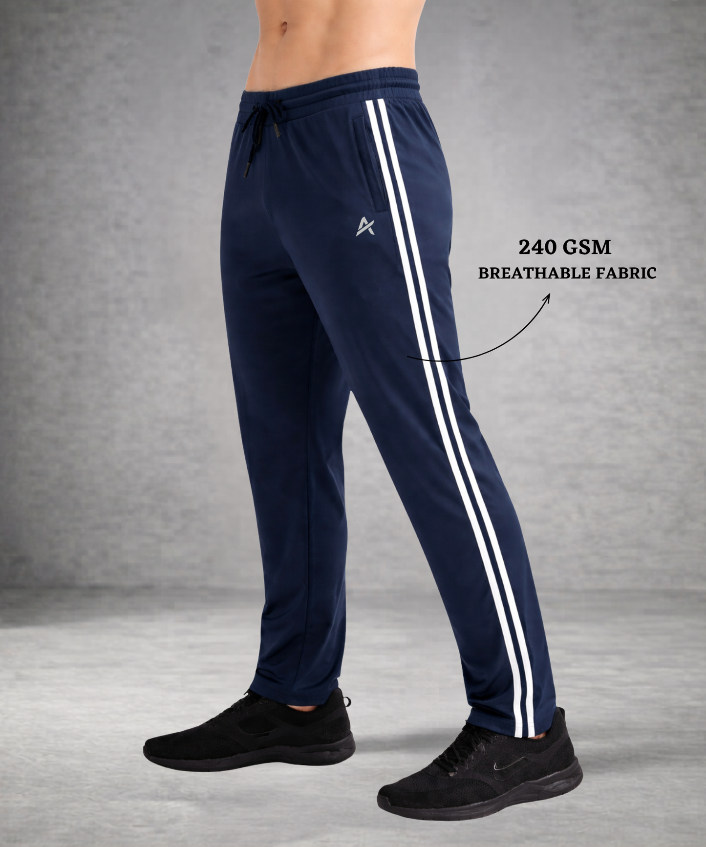 Men’s Premium 4-Way Lycra Track Pant (240 GSM) – Dual White Stripe Design | Athvix Active wear by Denmonk