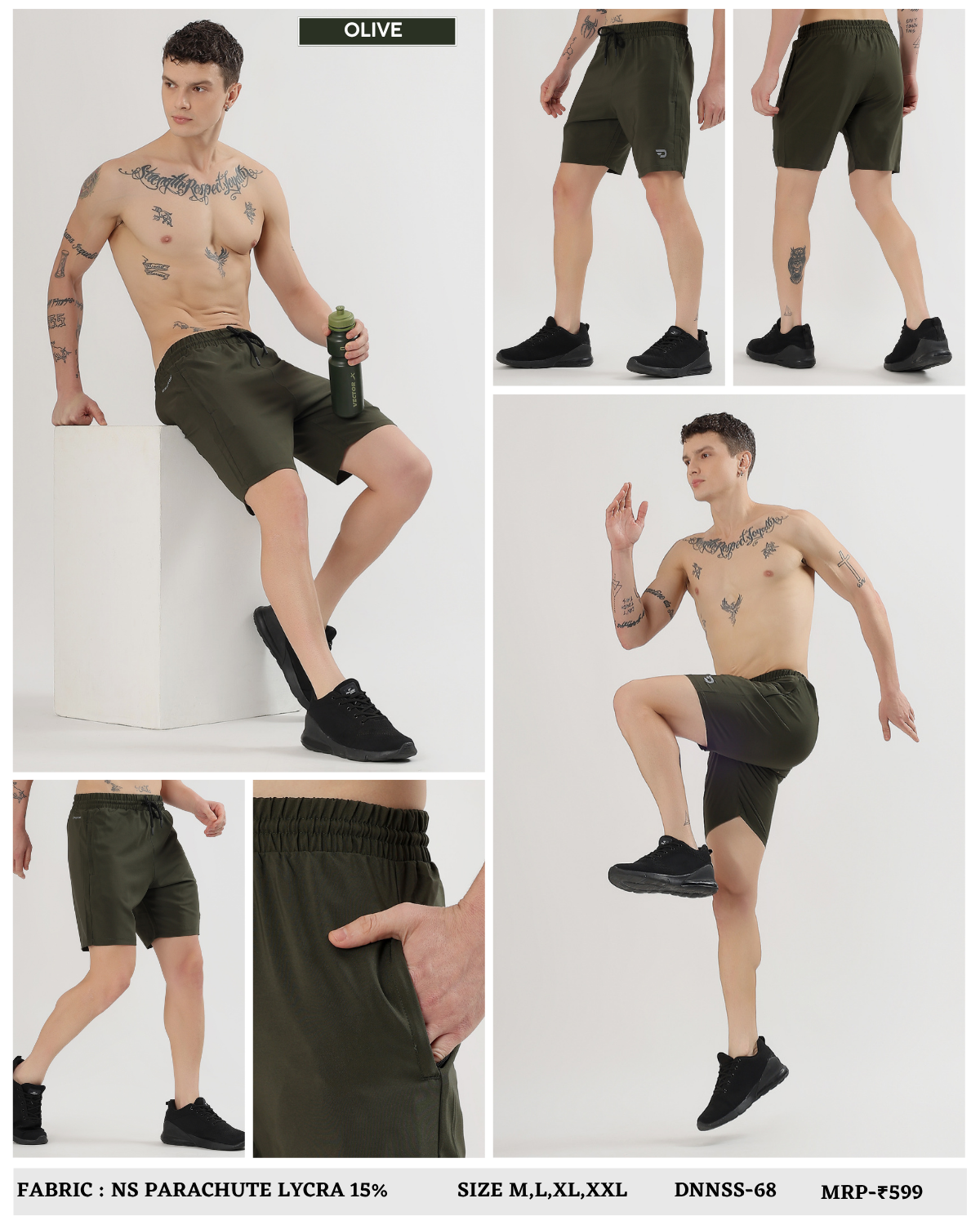 Men’s Solid Active Shorts - Imported Ns Parachute Lycra (15% Lycra 130 GSM)