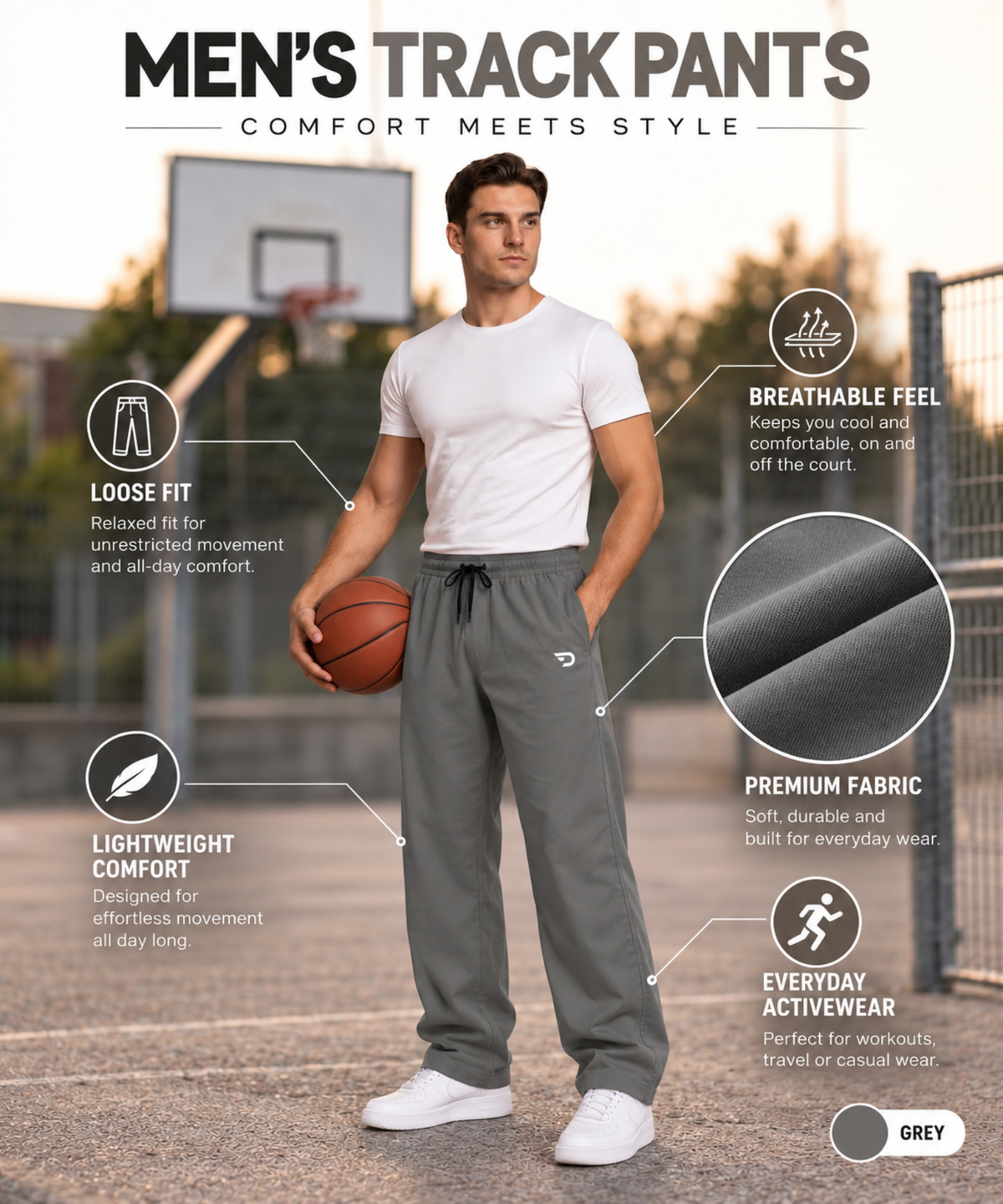 Men’s Imported Cotton Feel Terry Lycra Track Pants With Back Pockets | 250 GSM | Baggy Loose Fit