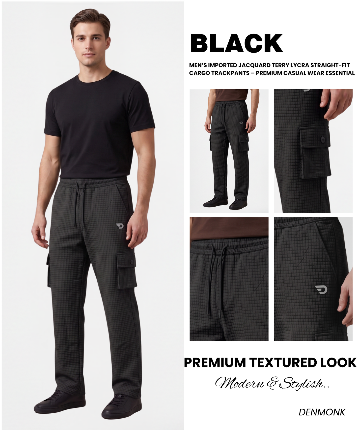 Men’s Imported Jacquard Terry Lycra Straight-Fit Cargo Trackpants – Premium Casual Wear Essential