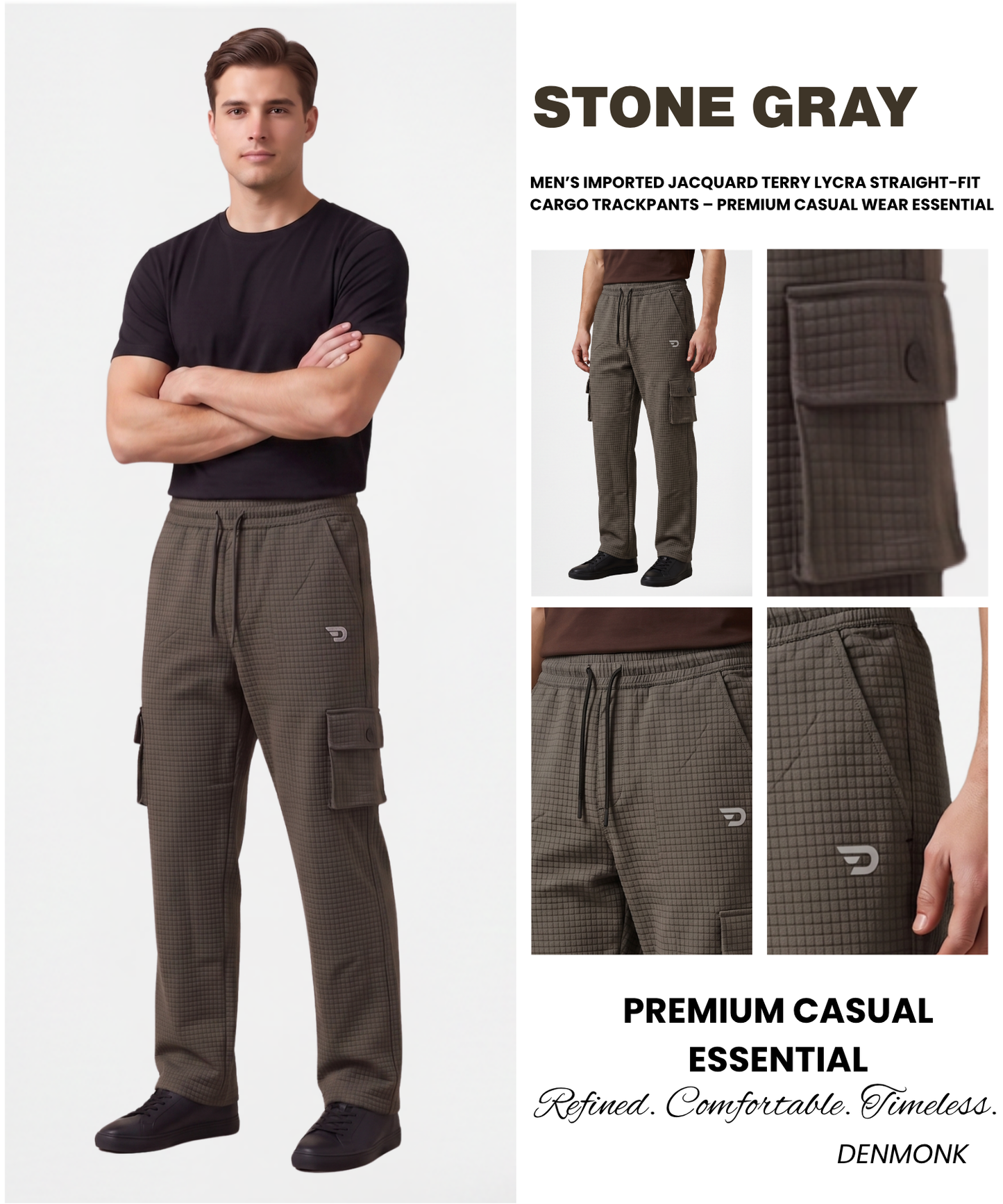 Men’s Imported Jacquard Terry Lycra Straight-Fit Cargo Trackpants – Premium Casual Wear Essential