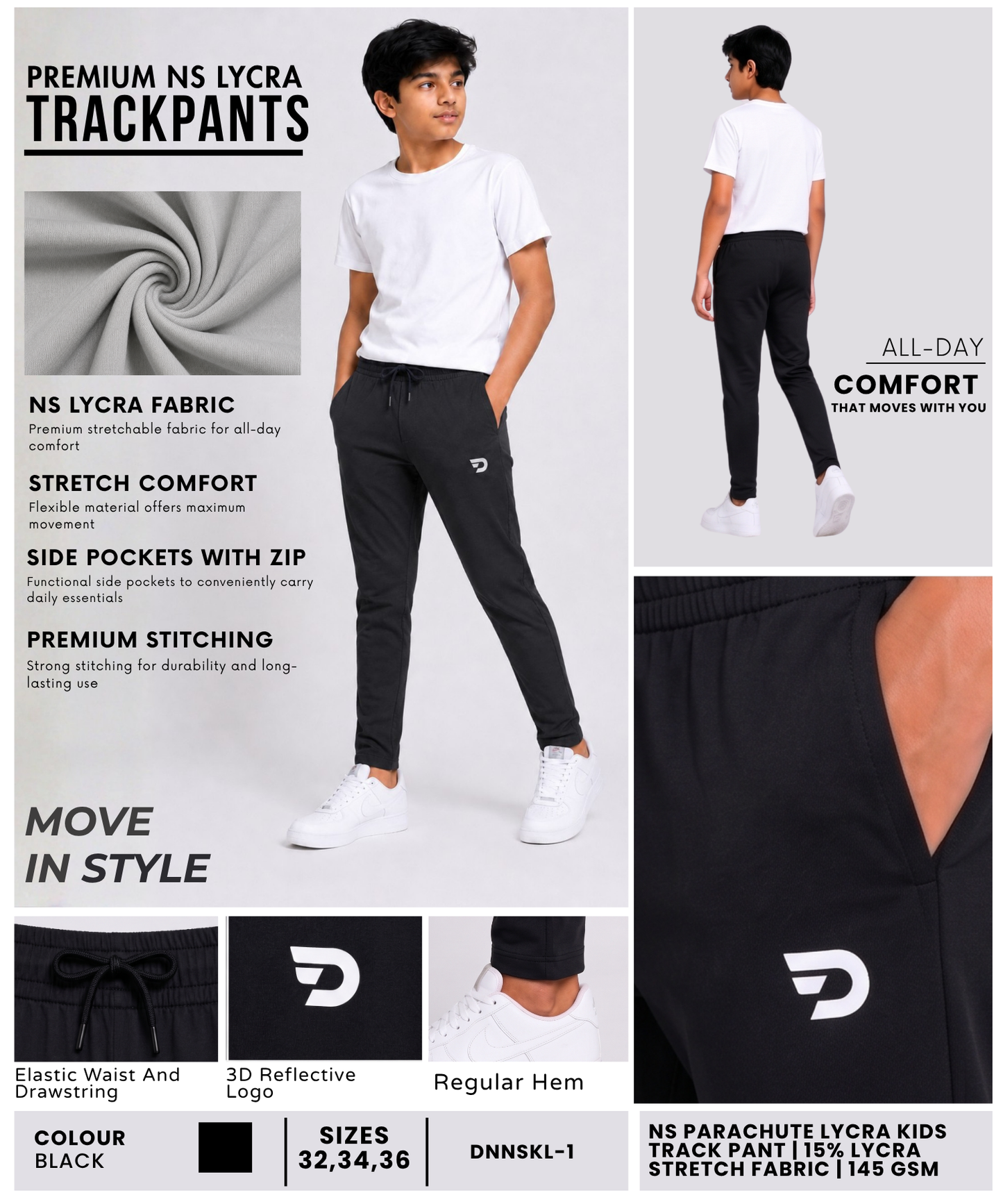 Imported NS Parachute Lycra Track Pant for Kids |15% Lycra 145 GSM| Slim Fit