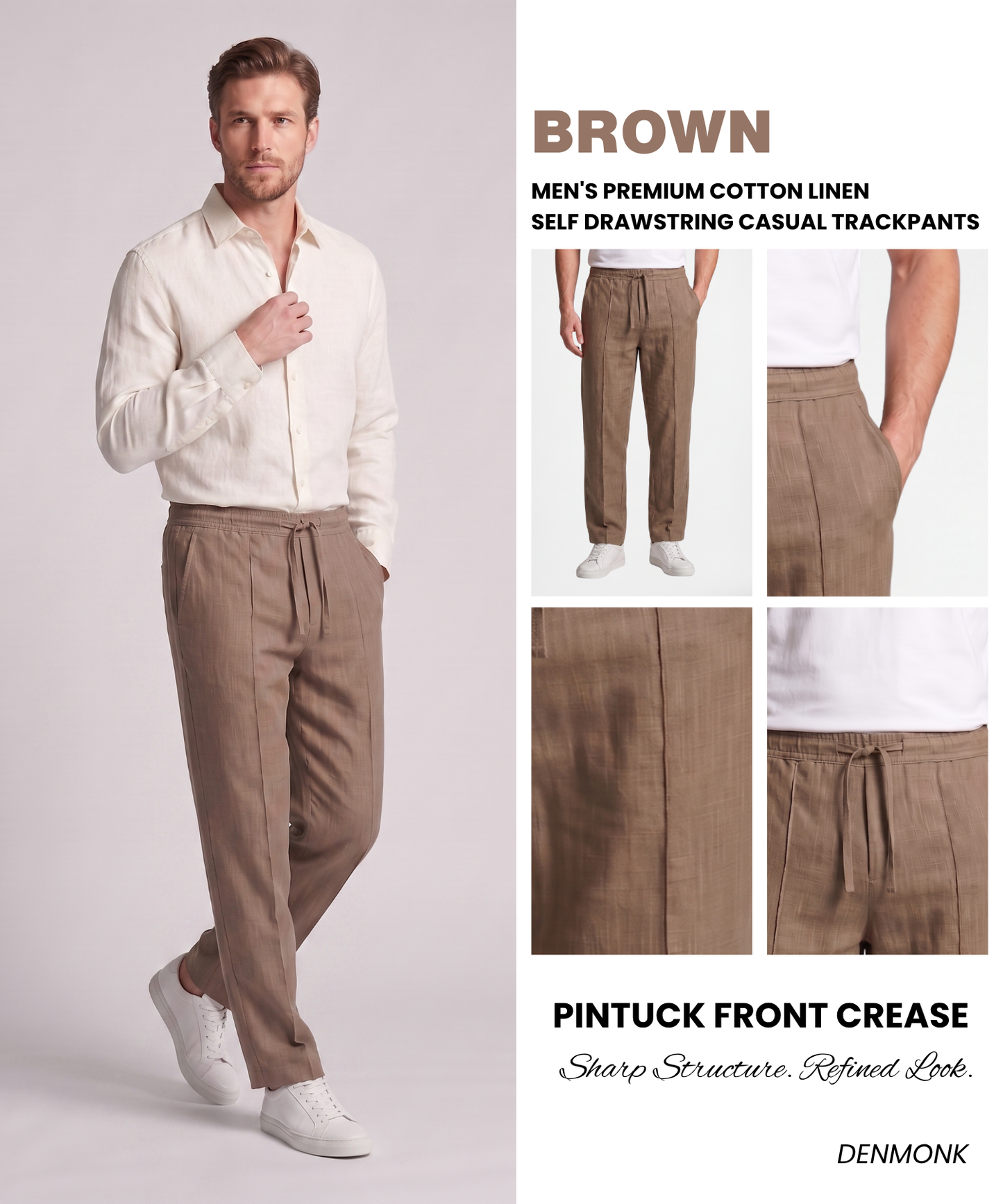 Men's Premium Cotton Linen Self Drawstring Casual Trackpants – Comfort Fit with Tailored Pin tuckCrease