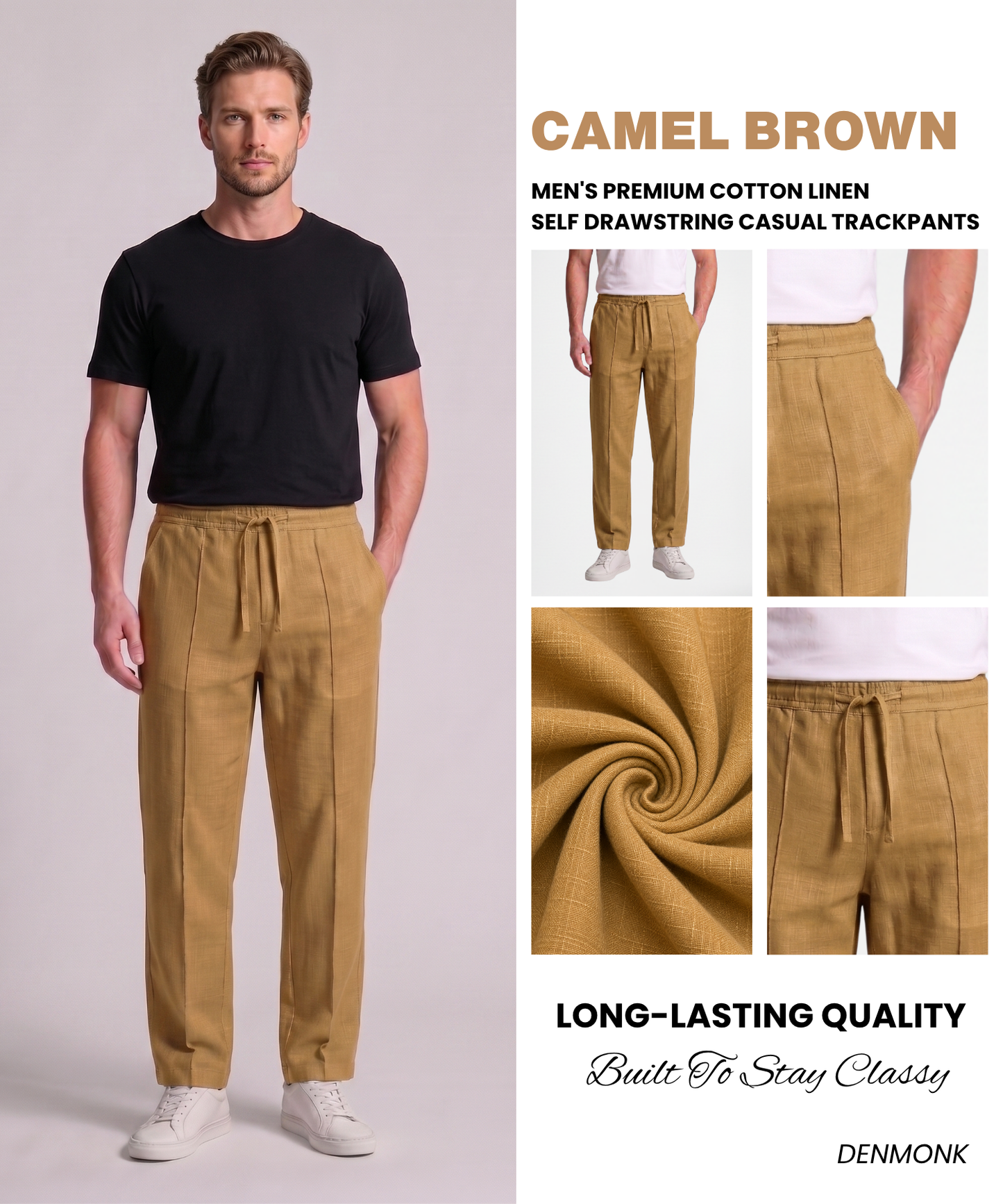 Men's Premium Cotton Linen Self Drawstring Casual Trackpants – Comfort Fit with Tailored Pin tuckCrease