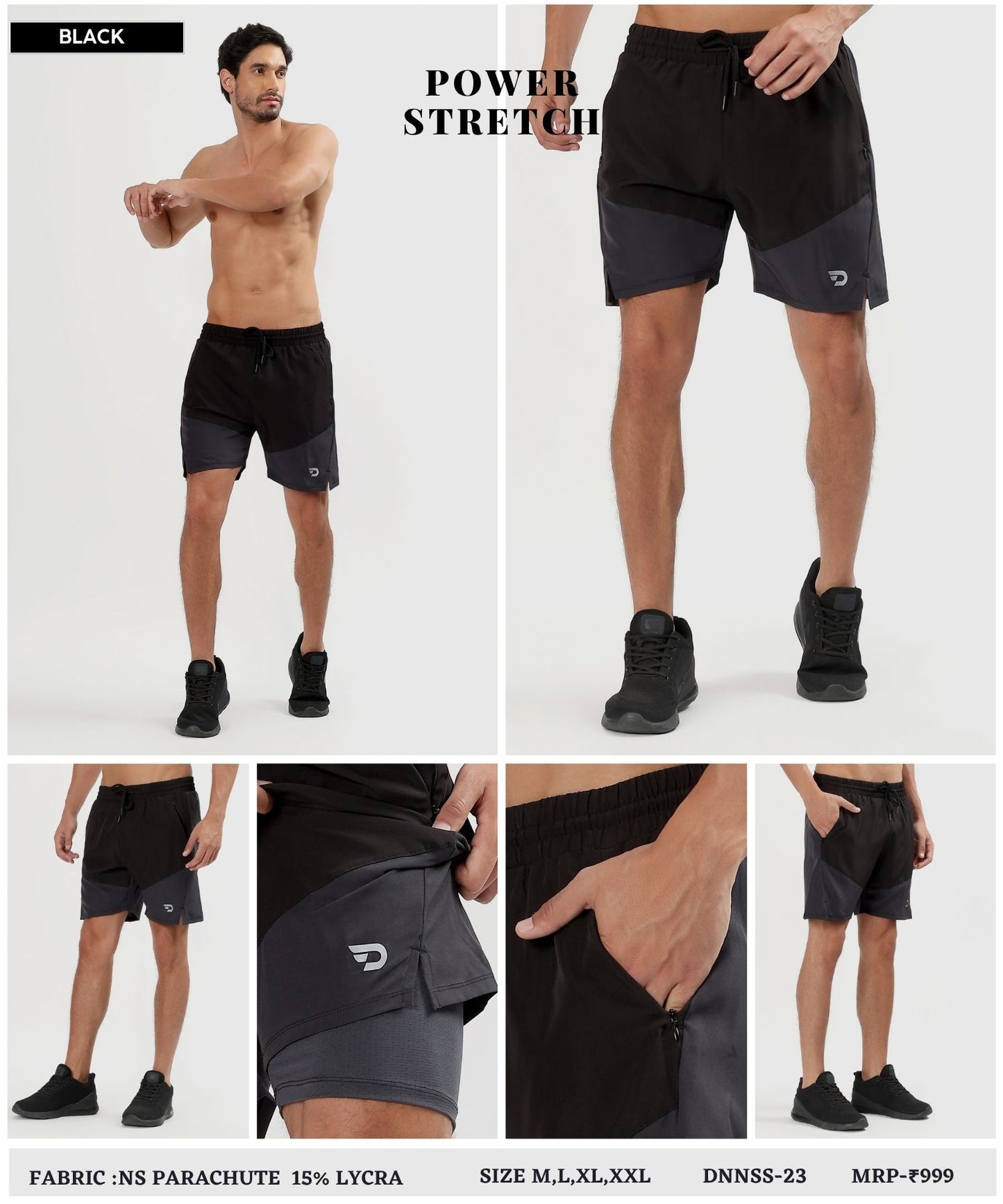 2-in-1 Colorblock Training Shorts - Imported Ns Parachute Lycra Shorts (15% Lycra 130)