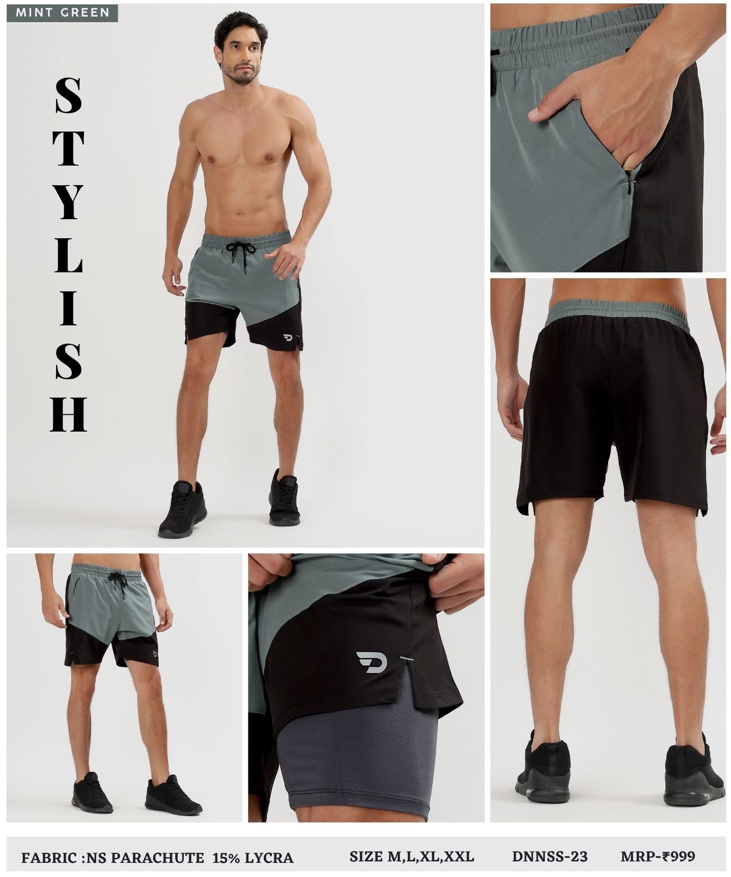2-in-1 Colorblock Training Shorts - Imported Ns Parachute Lycra Shorts (15% Lycra 130)