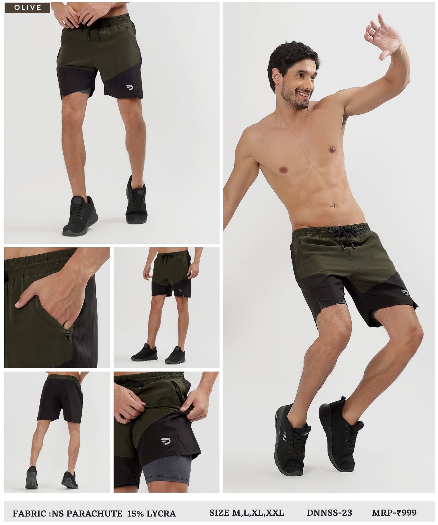 2-in-1 Colorblock Training Shorts - Imported Ns Parachute Lycra Shorts (15% Lycra 130)