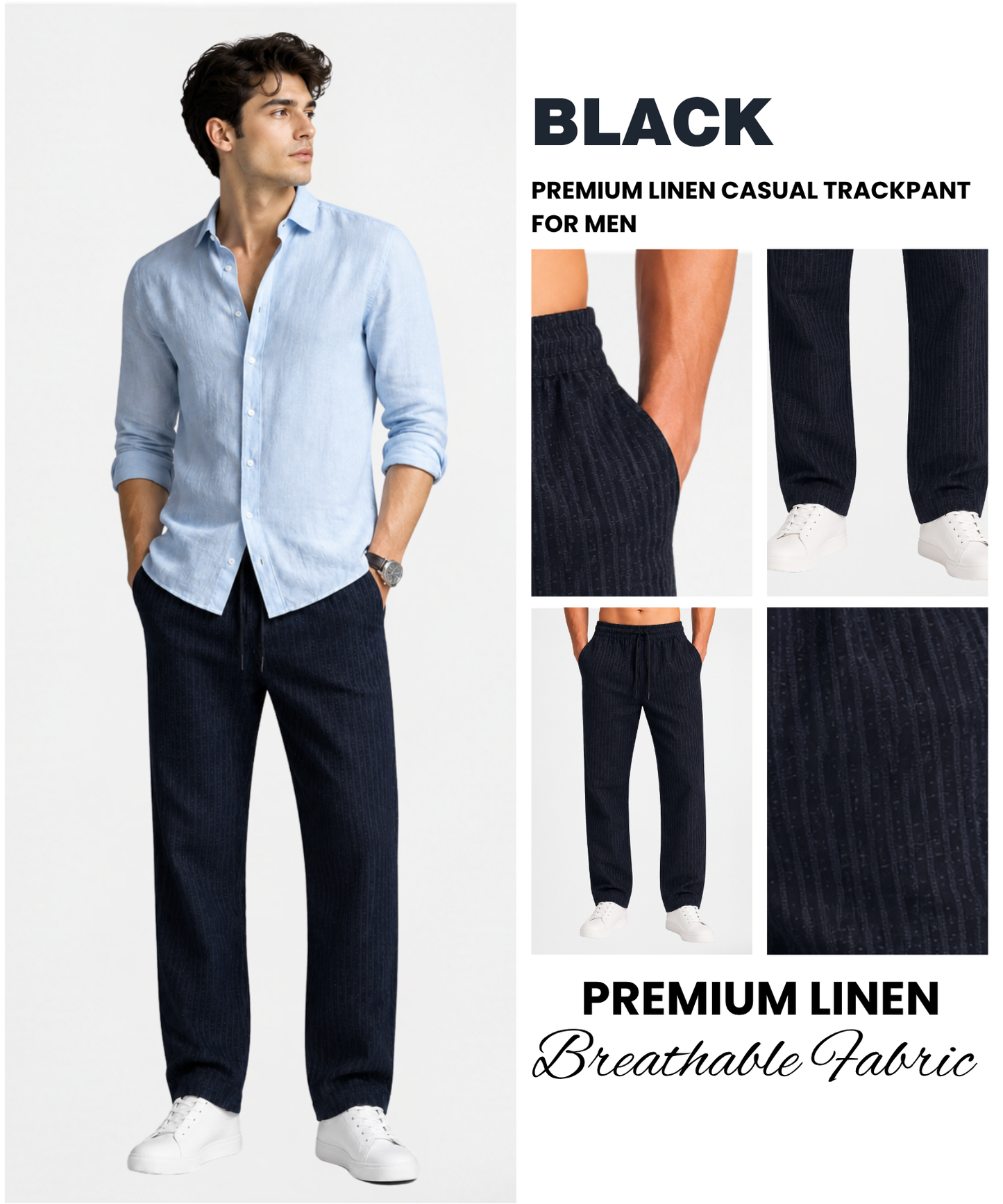 Men’s Premium Linen Striped Textured Pants (210 GSM) | 1 Side Zipper Pocket & 1 Side Open Cross Pocket