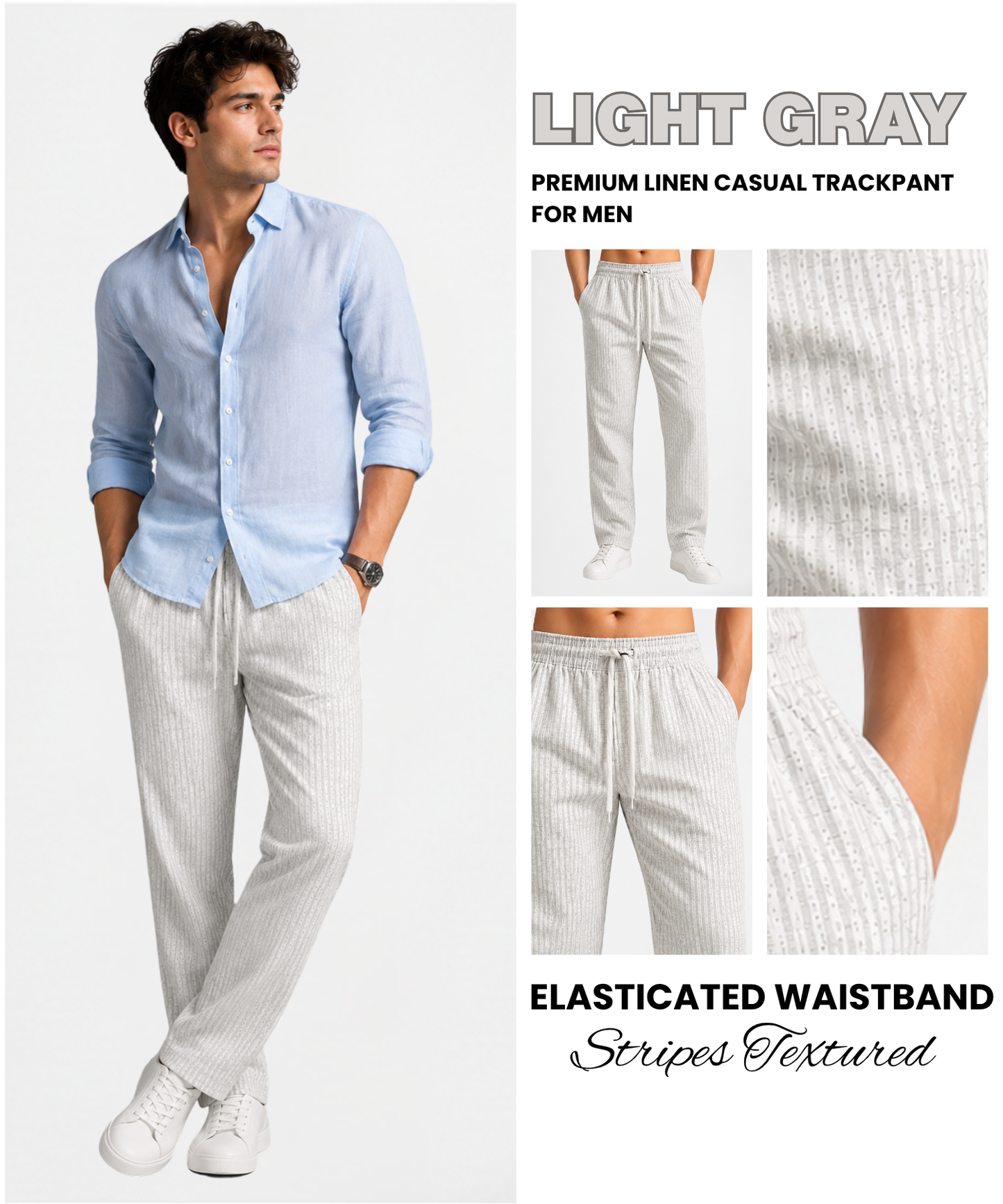 Men’s Premium Linen Striped Textured Pants (210 GSM) | 1 Side Zipper Pocket & 1 Side Open Cross Pocket