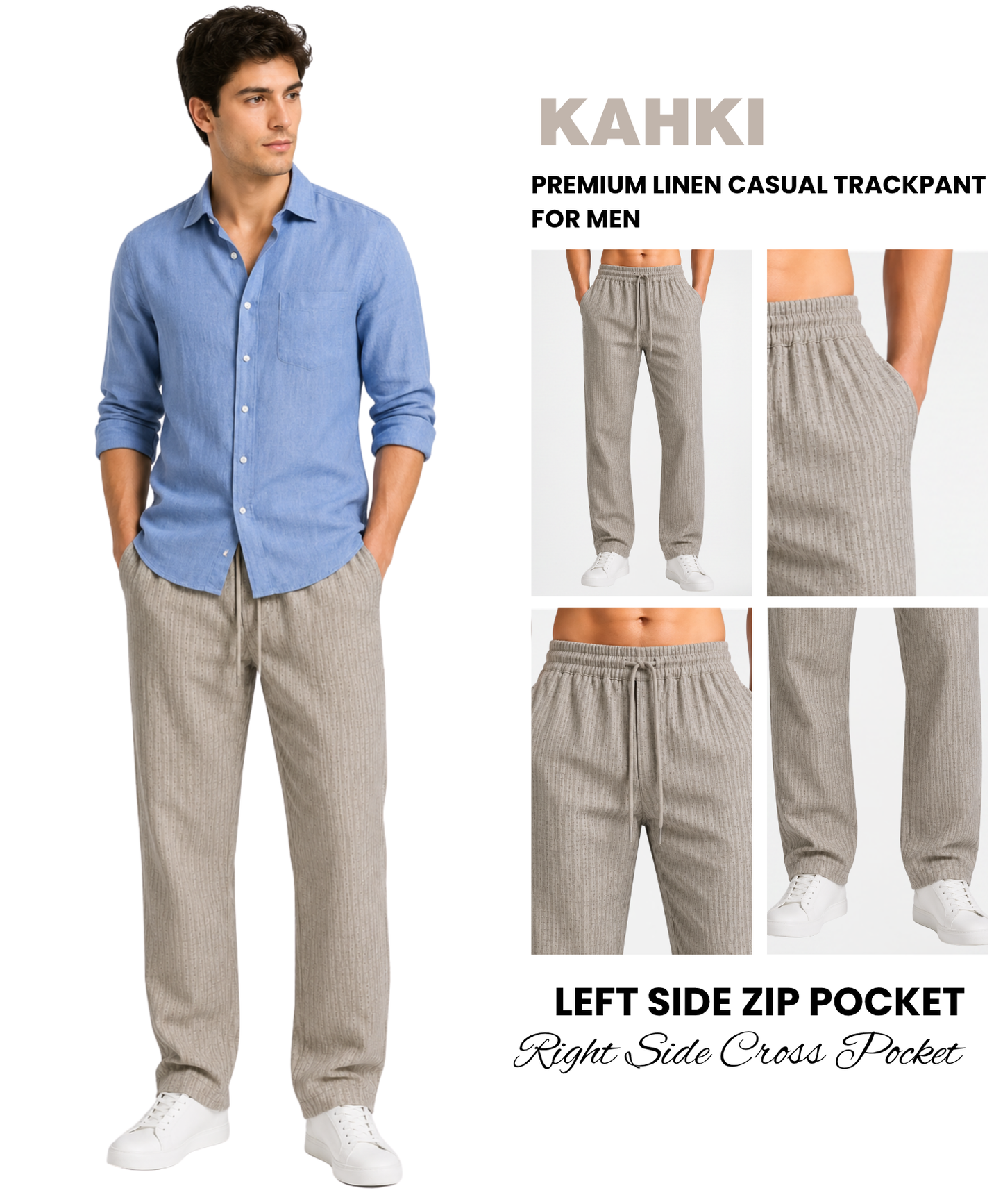 Men’s Premium Linen Striped Textured Pants (210 GSM) | 1 Side Zipper Pocket & 1 Side Open Cross Pocket